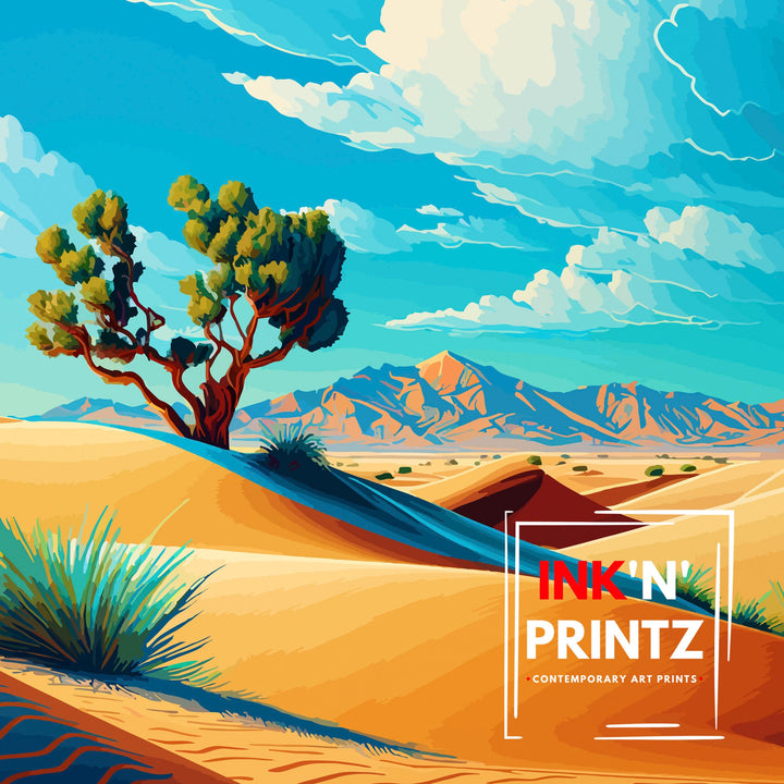 Mesquite Flat Sands Travel Print| Death Valley Wall Decor Mesquite Flat Sand Dunes Illustration Desert Landscape Travel Poster Gift