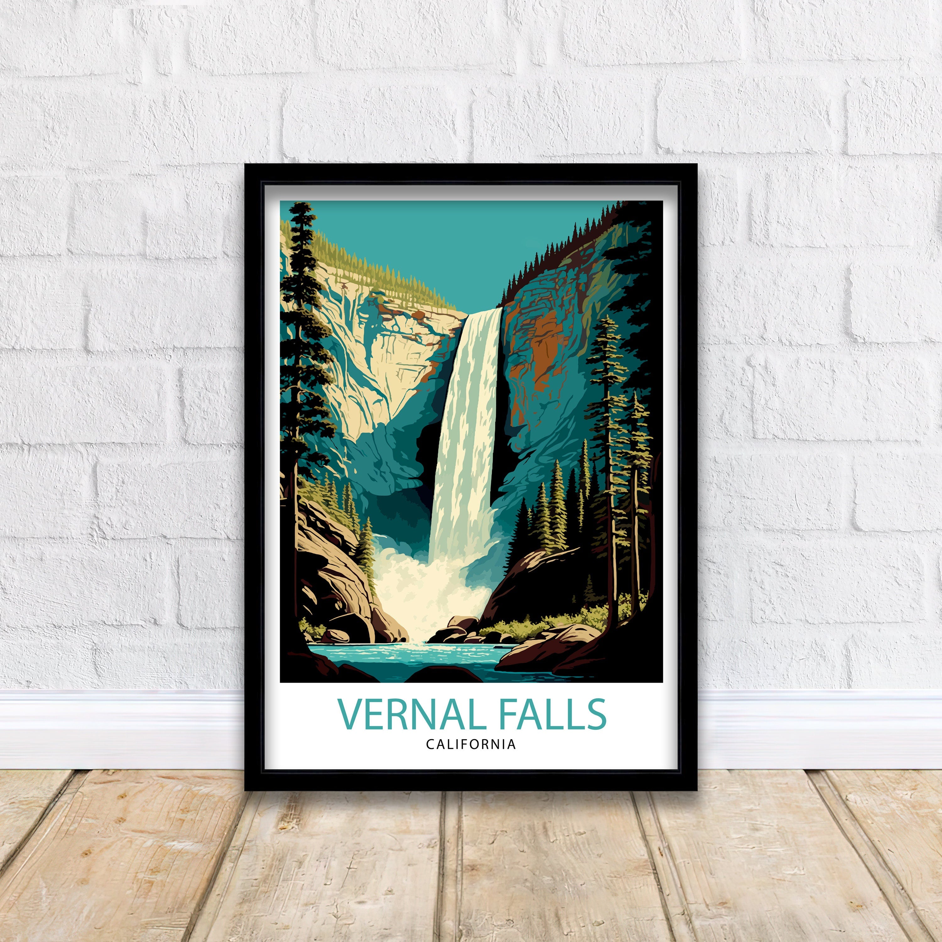 Vernal Falls Travel Print| Yosemite National Park Wall Art Yosemite California Home Decor Yosemite Landscape Illustration Travel Poster