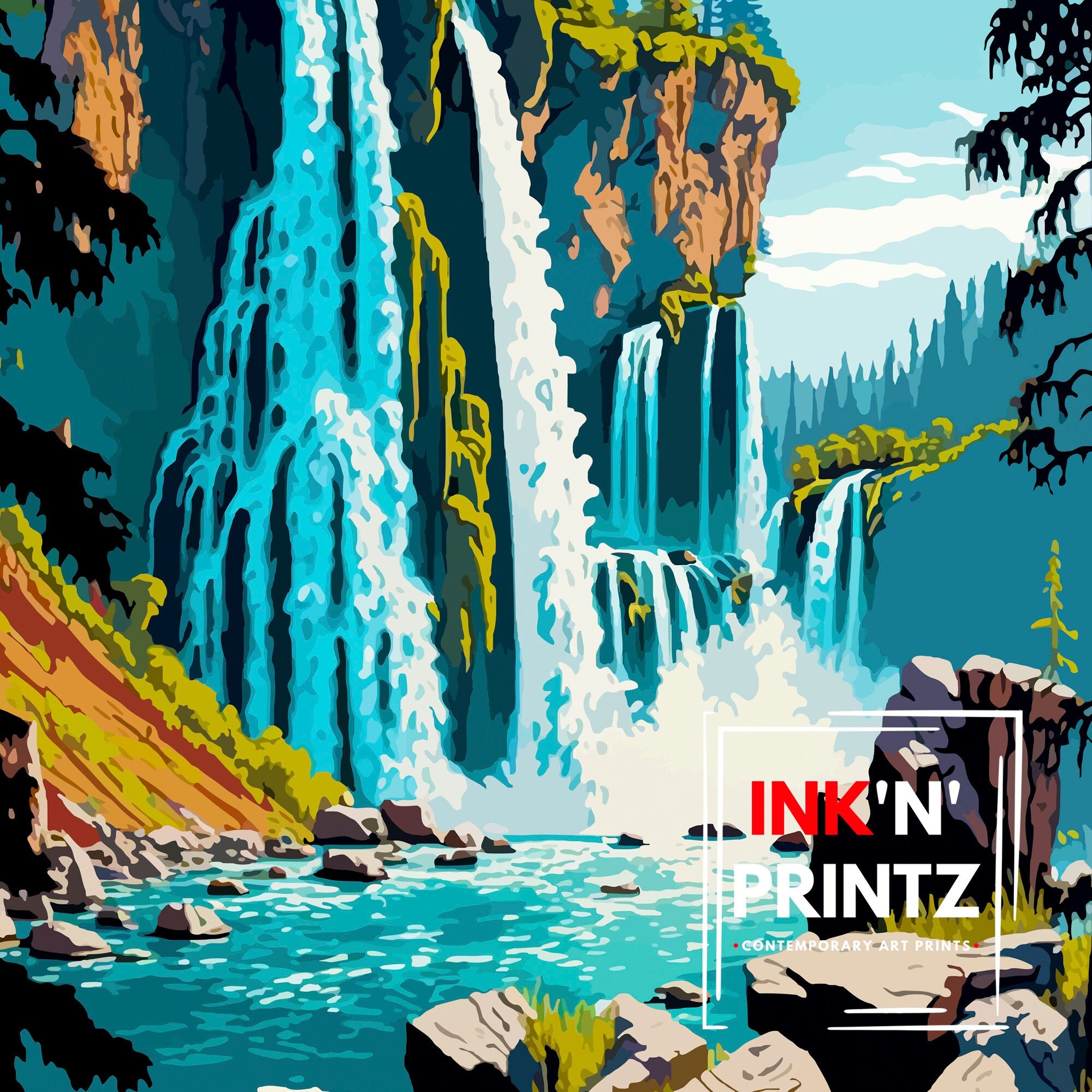 Burney Falls California Travel Print Wall Art Home Decor California Illustration Travel Poster Gift For Nature Lovers California State Parks