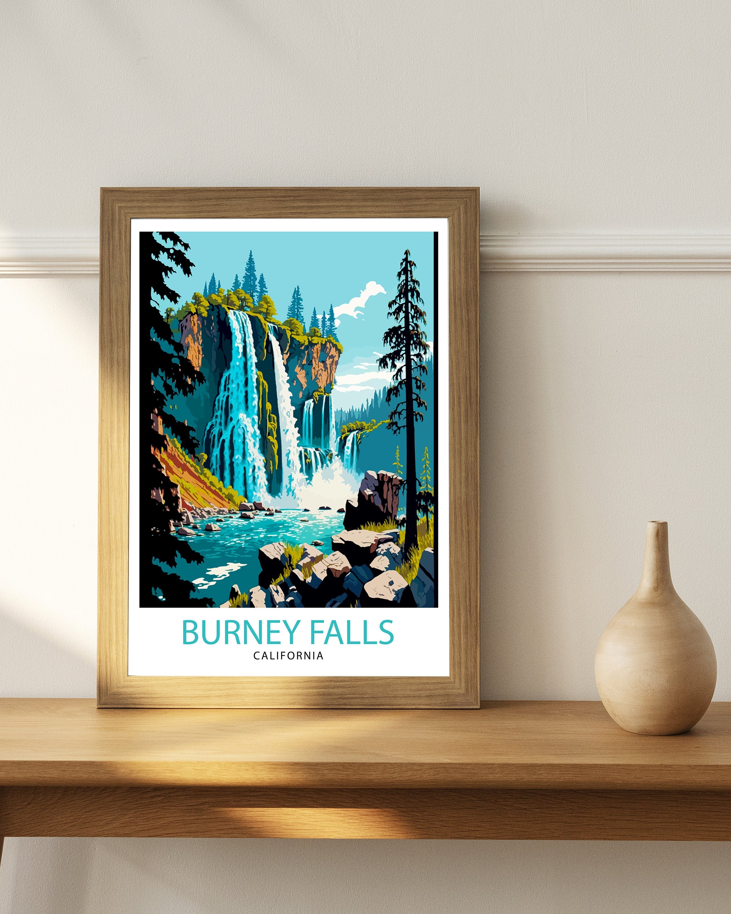 Burney Falls California Travel Print Wall Art Home Decor California Illustration Travel Poster Gift For Nature Lovers California State Parks