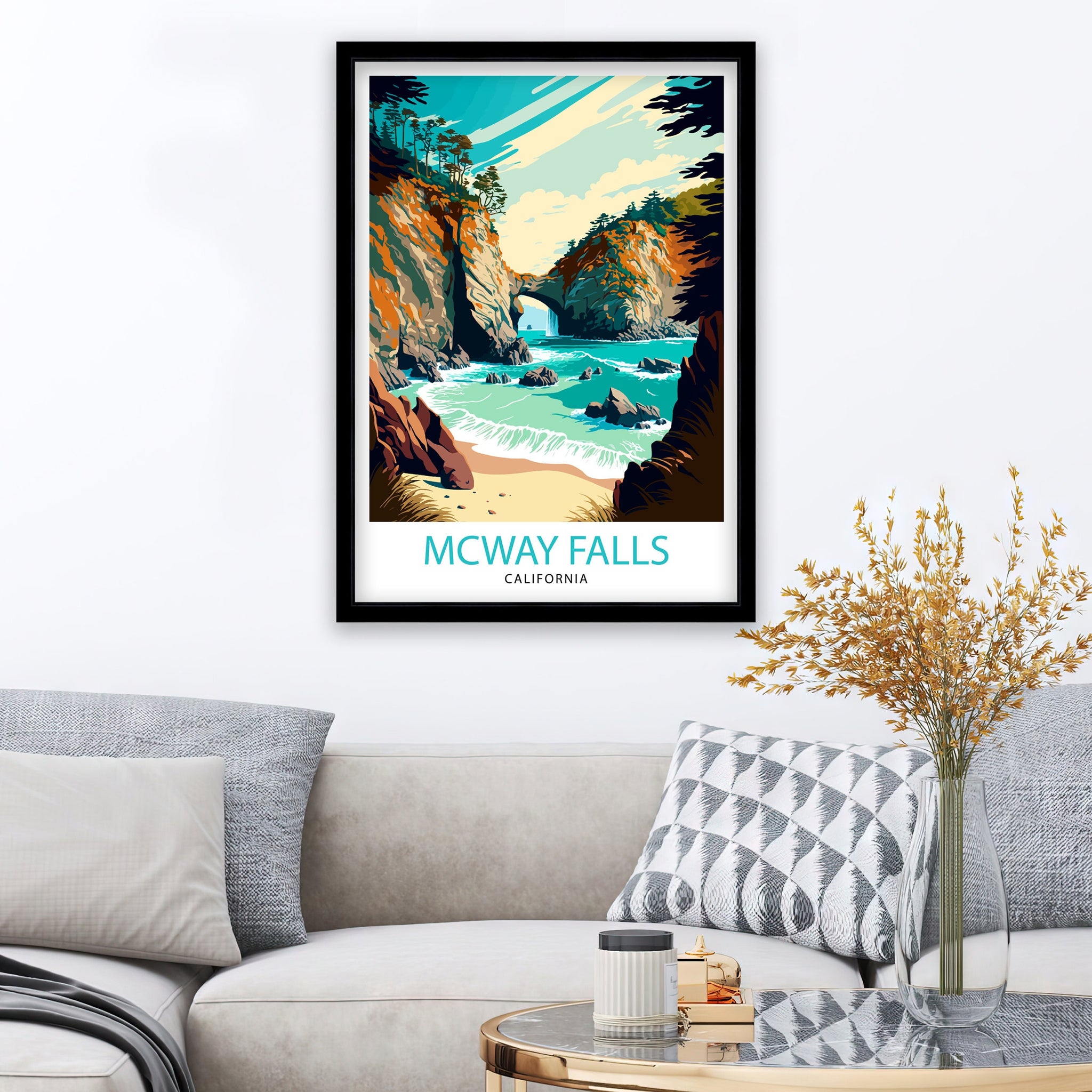 McWay Falls Travel Print| California Coastal Wall Decor McWay Falls Illustration California Travel Poster McWay Falls Gift
