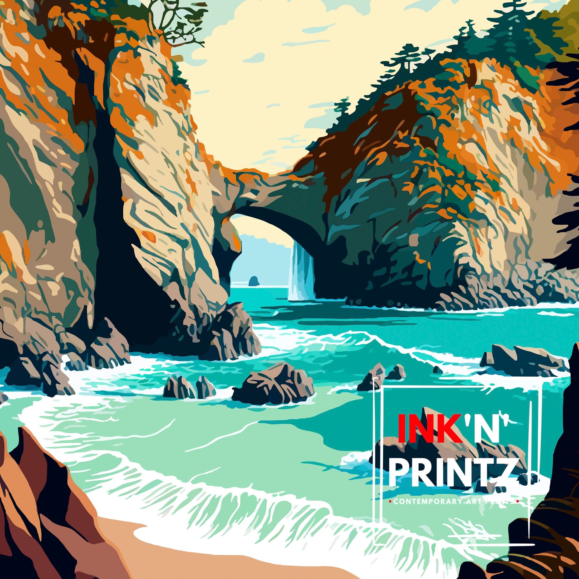 McWay Falls Travel Print| California Coastal Wall Decor McWay Falls Illustration California Travel Poster McWay Falls Gift