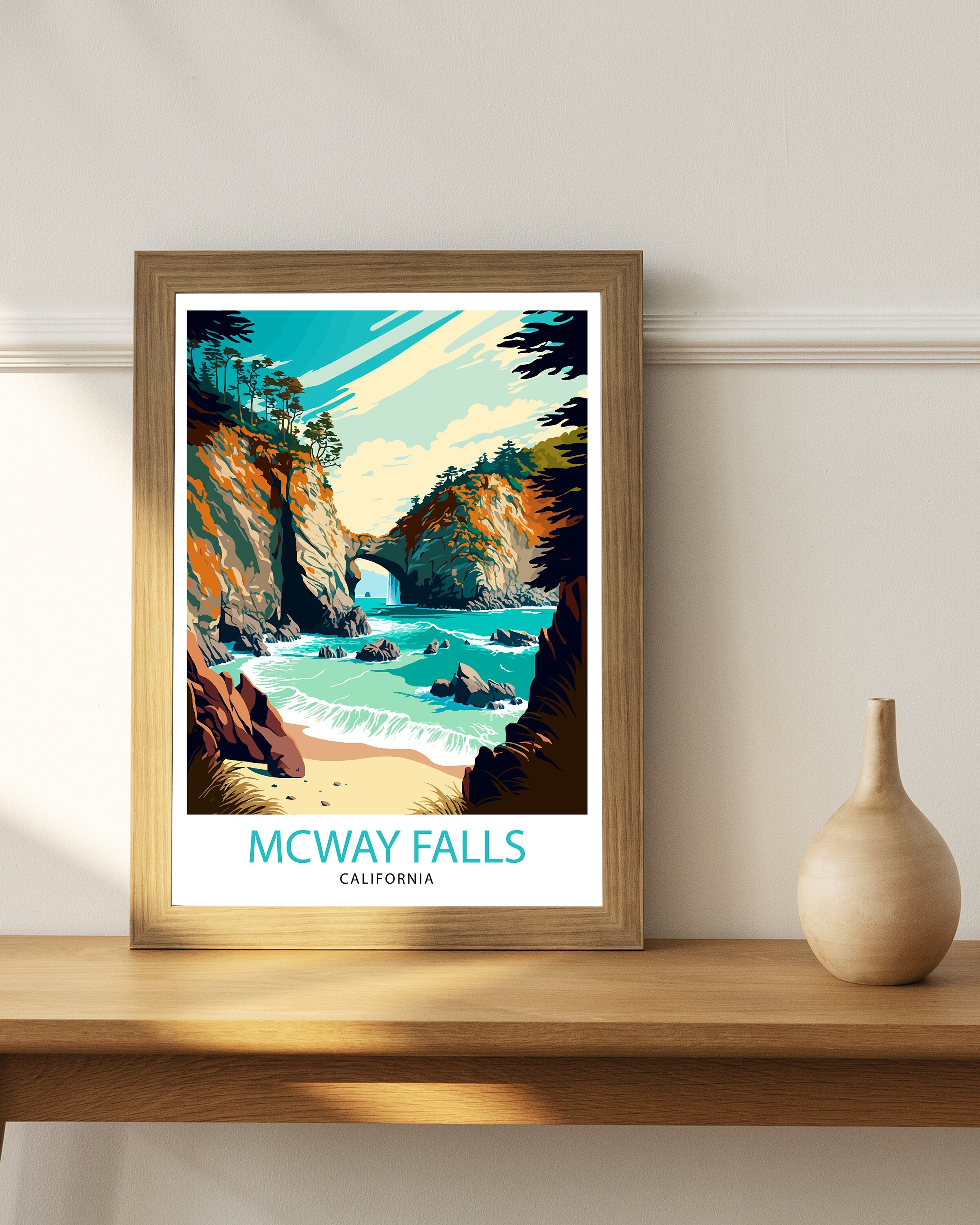 McWay Falls Travel Print| California Coastal Wall Decor McWay Falls Illustration California Travel Poster McWay Falls Gift
