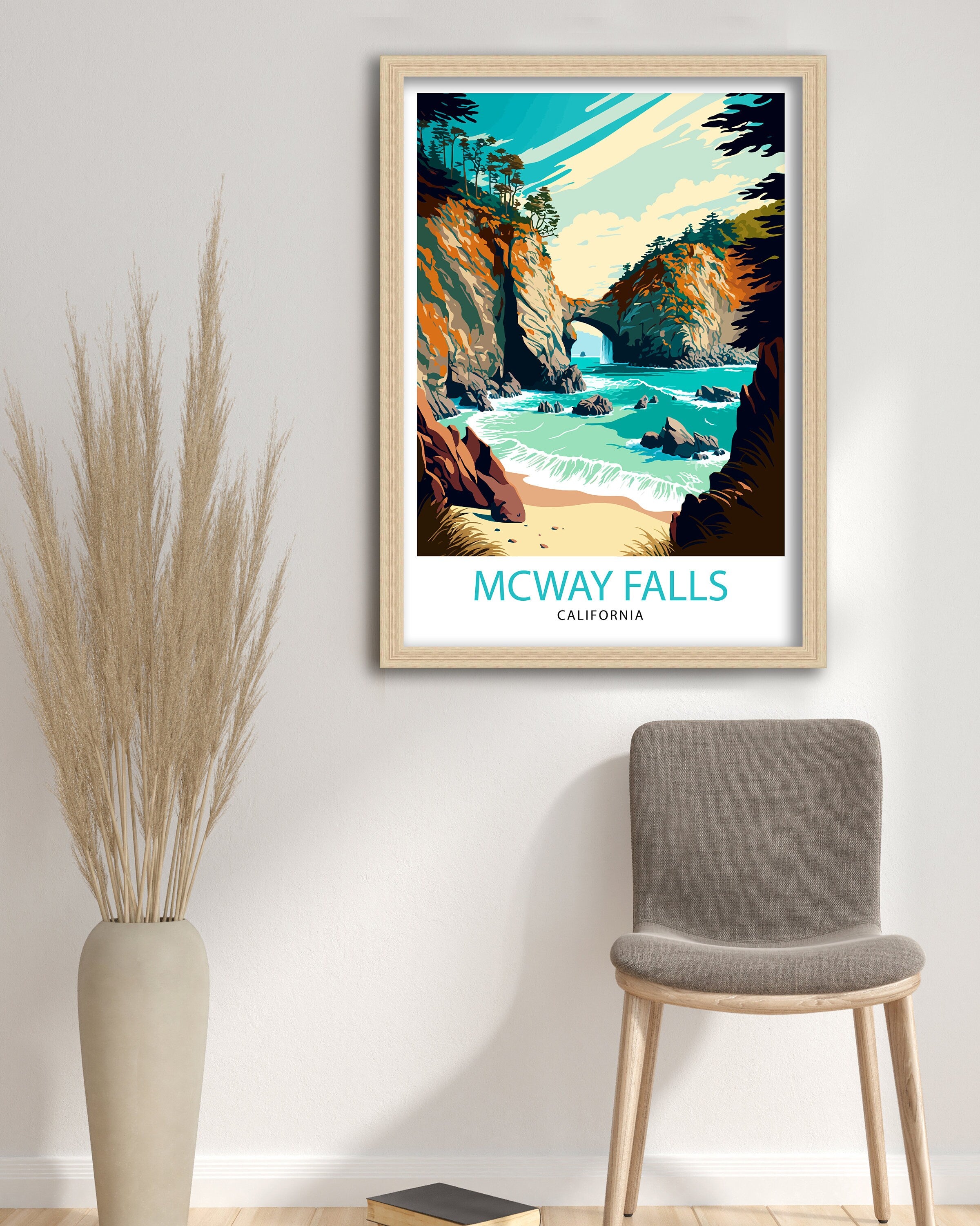 McWay Falls Travel Print| California Coastal Wall Decor McWay Falls Illustration California Travel Poster McWay Falls Gift