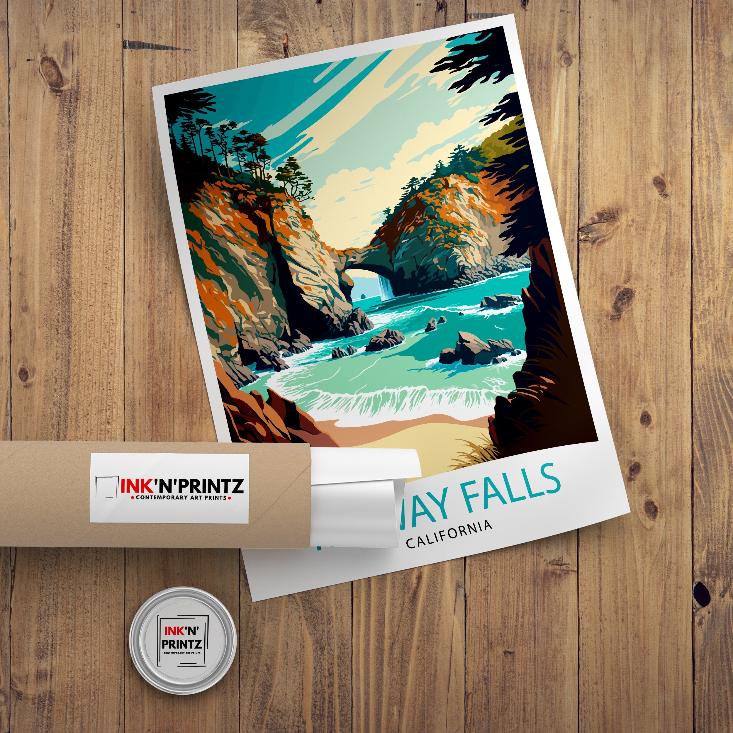 McWay Falls Travel Print| California Coastal Wall Decor McWay Falls Illustration California Travel Poster McWay Falls Gift