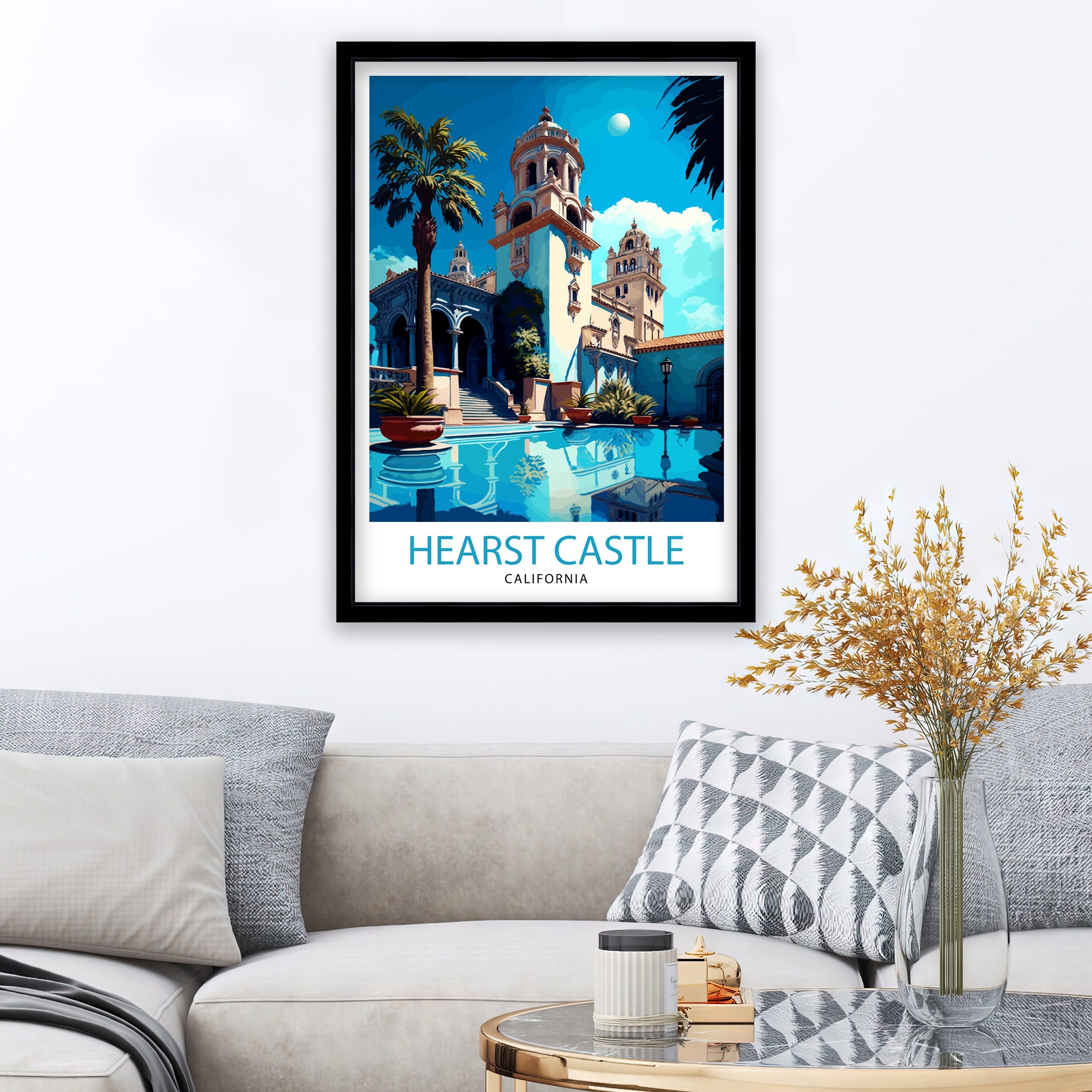 Hearst Castle California Travel Print| Wall Decor, Home Living Decor California Illustration Travel Poster Gift For California Home Decor