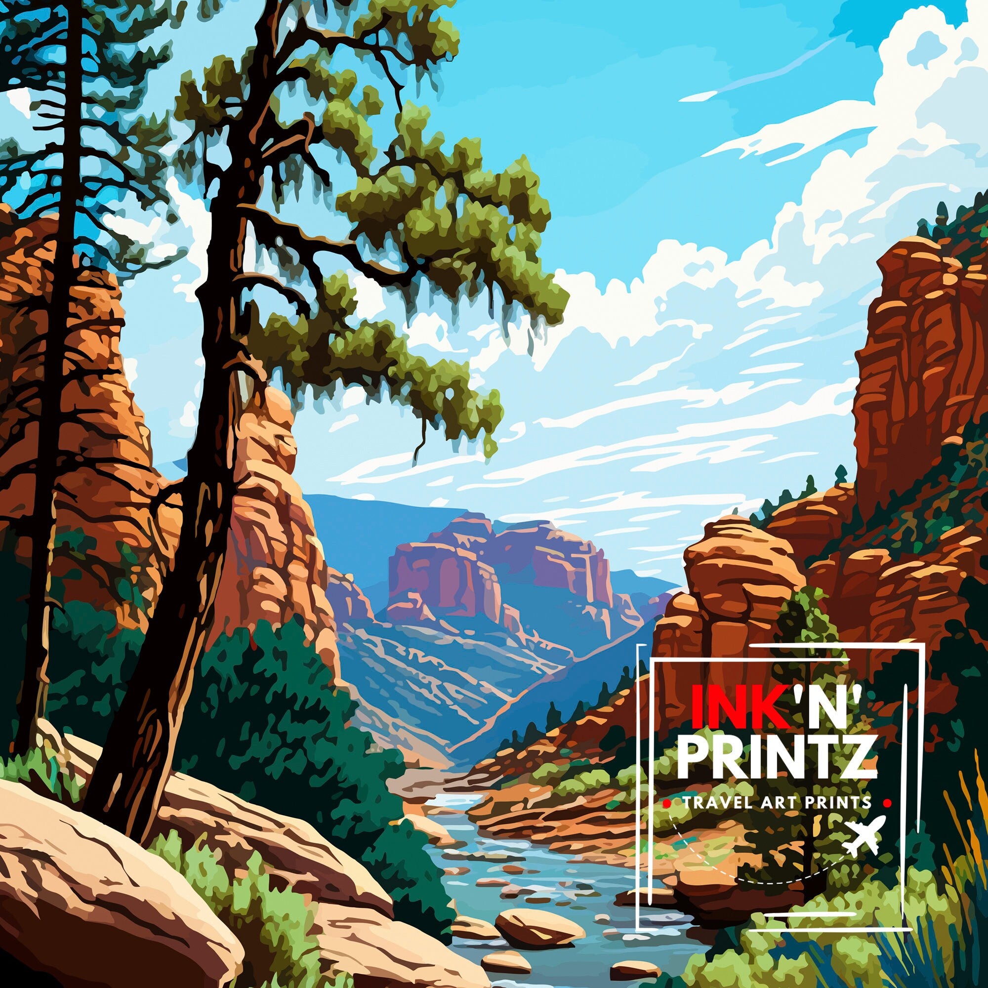 Oak Tree Canyon Arizona Travel Poster Desert Wall Decor Arizona Landscape Print Nature Art Print Southwestern Art - Arizona Wall Art