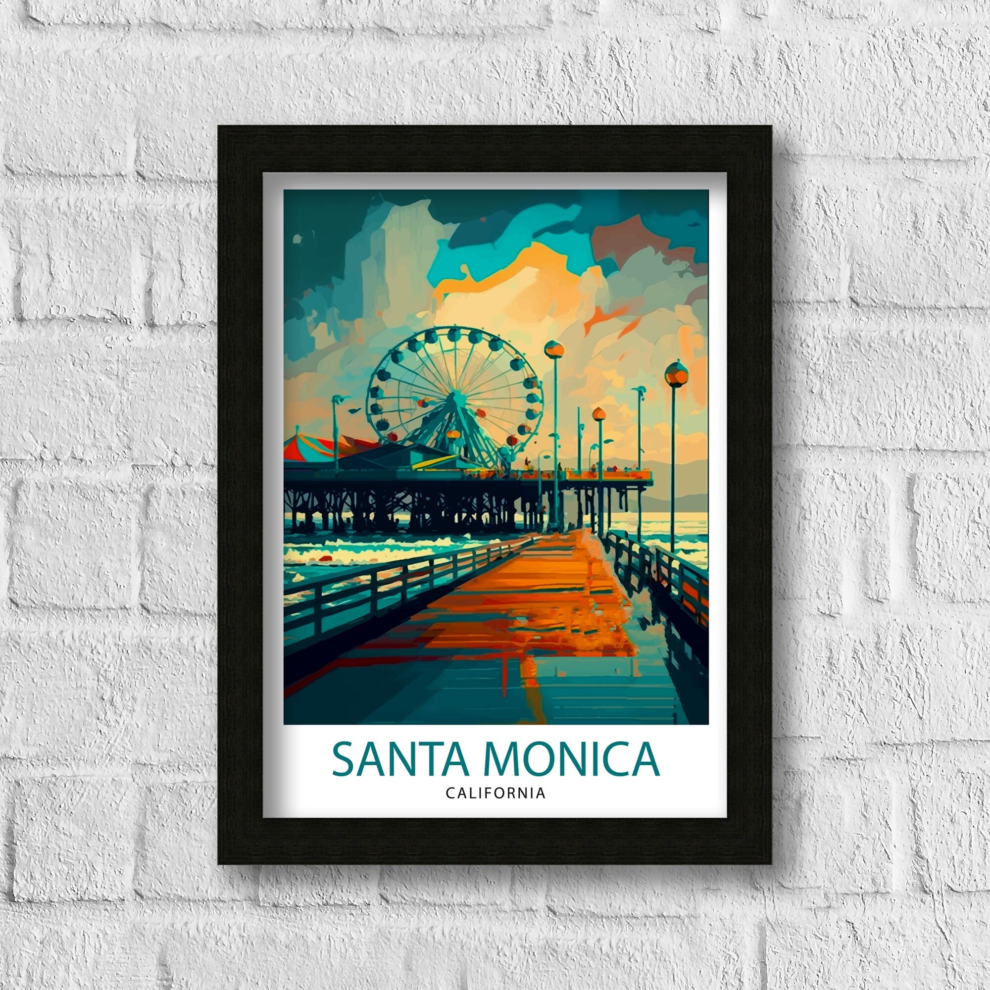 Santa Monica Pier Travel Print California Beach Wall Art Santa Monica Pier Illustration Travel Poster Gift For Santa Monica Beach Home Decor