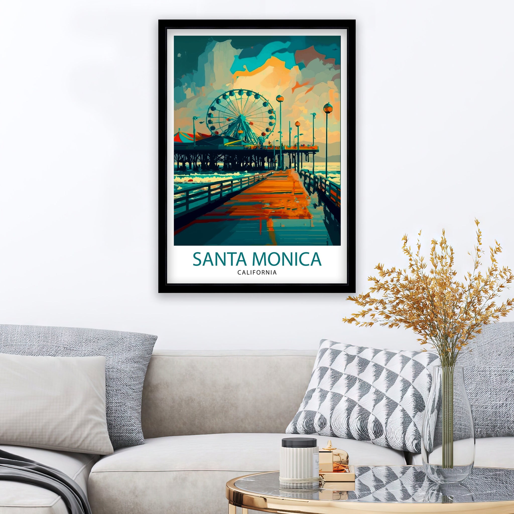 Santa Monica Pier Travel Print California Beach Wall Art Santa Monica Pier Illustration Travel Poster Gift For Santa Monica Beach Home Decor