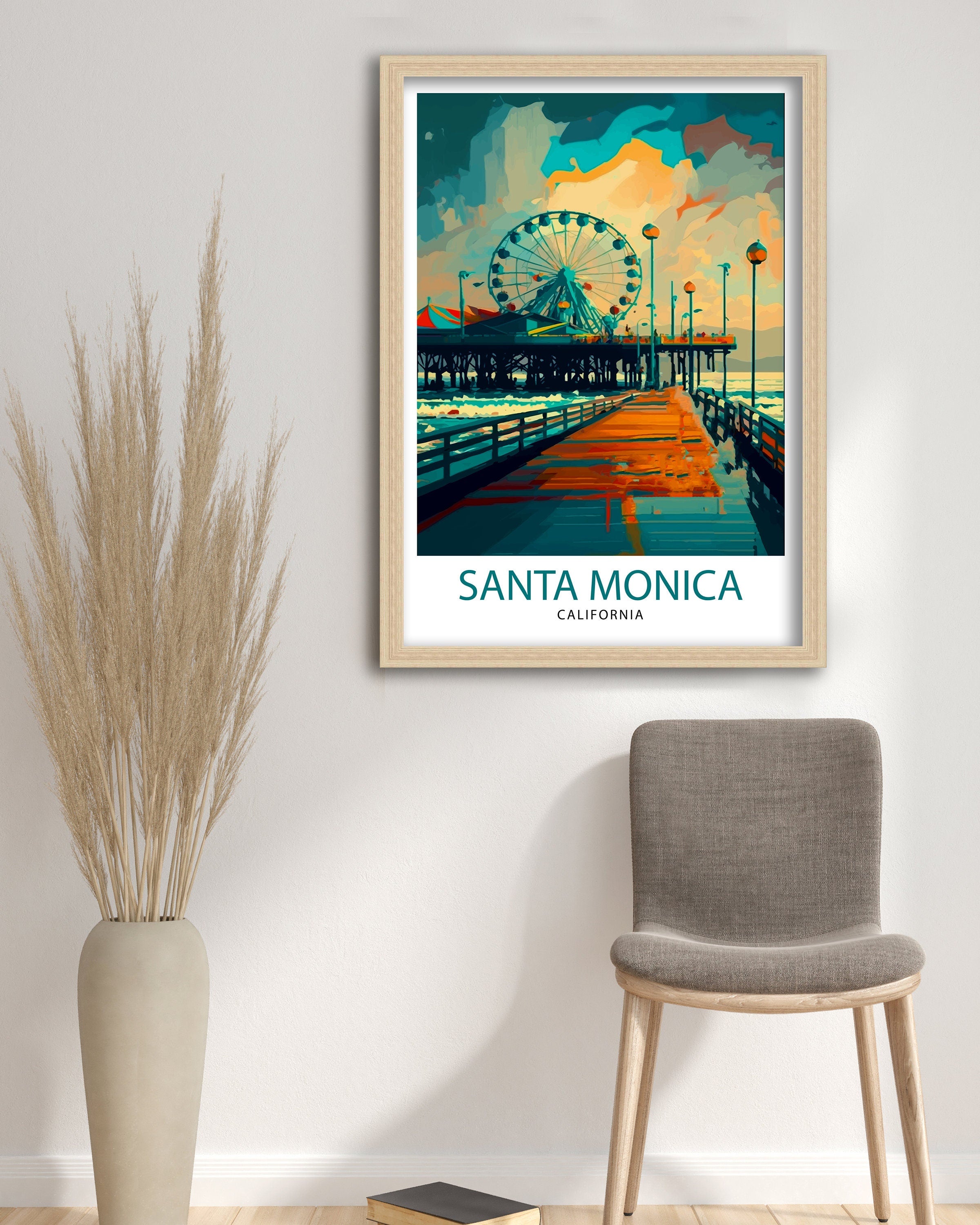 Santa Monica Pier Travel Print California Beach Wall Art Santa Monica Pier Illustration Travel Poster Gift For Santa Monica Beach Home Decor
