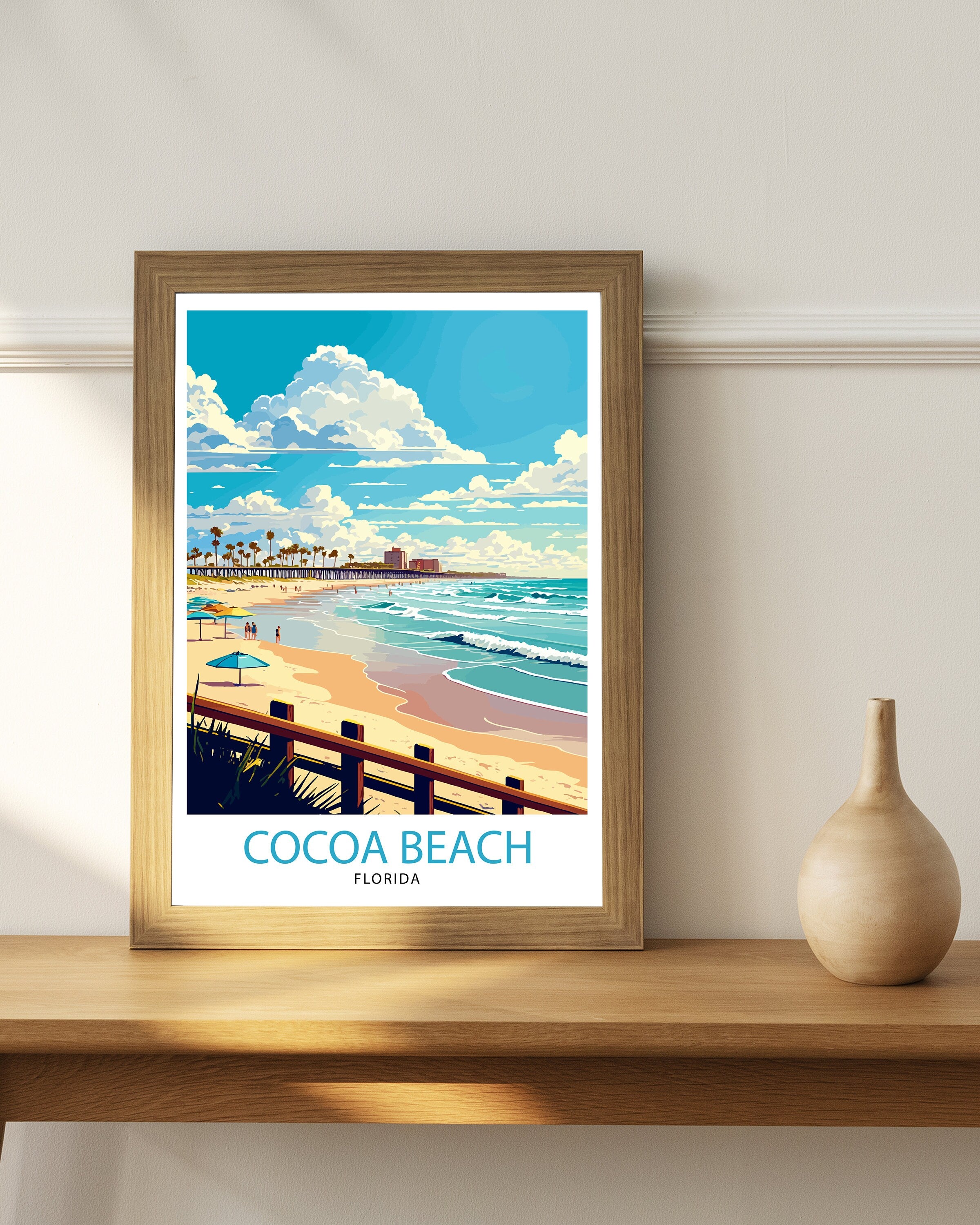 Cocoa Beach Florida Travel Print| Cocoa Beach Wall Art Cocoa Beach Home Decor Cocoa Beach Illustration Travel Poster Gift For Cocoa Beach