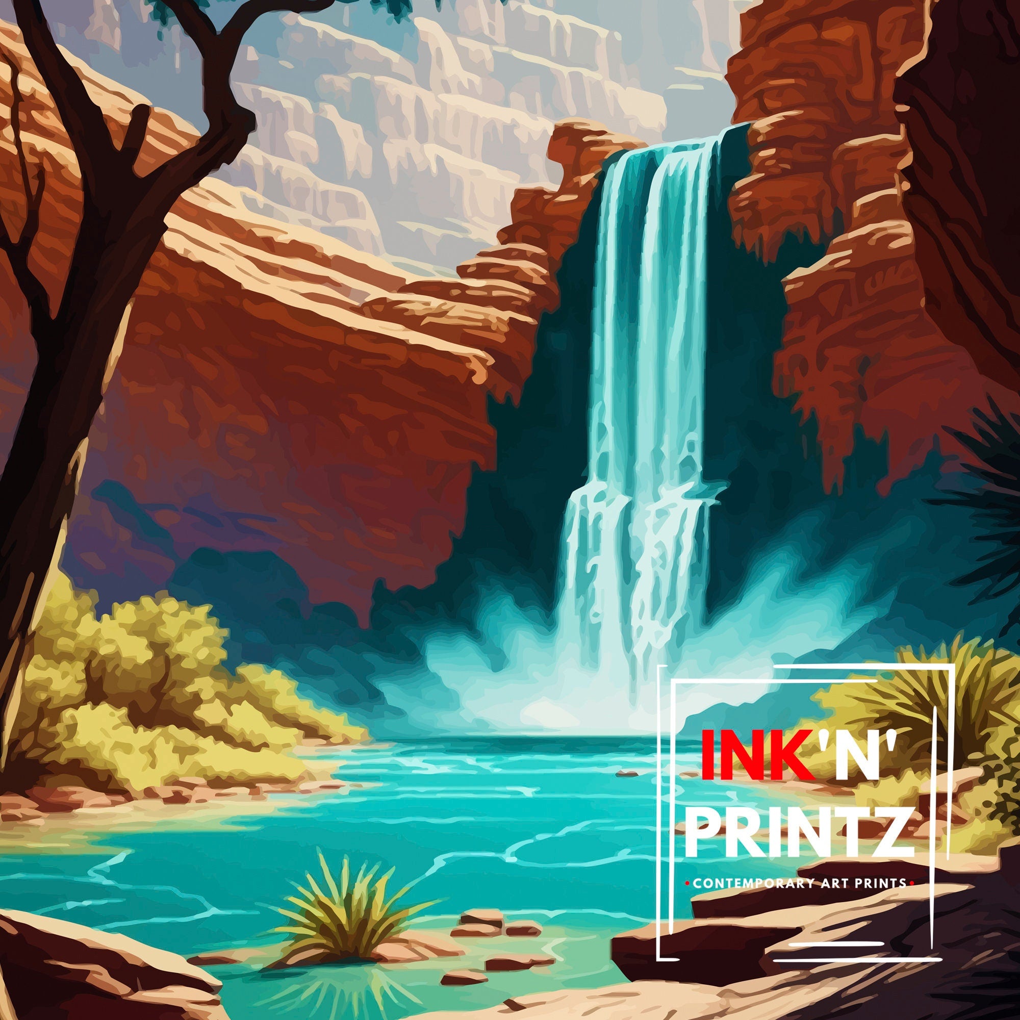 Havasu Falls Arizona Travel Print| Wall Decor, Home Living Decor Havasu Falls Illustration Travel Poster, Gift For Havasu Falls
