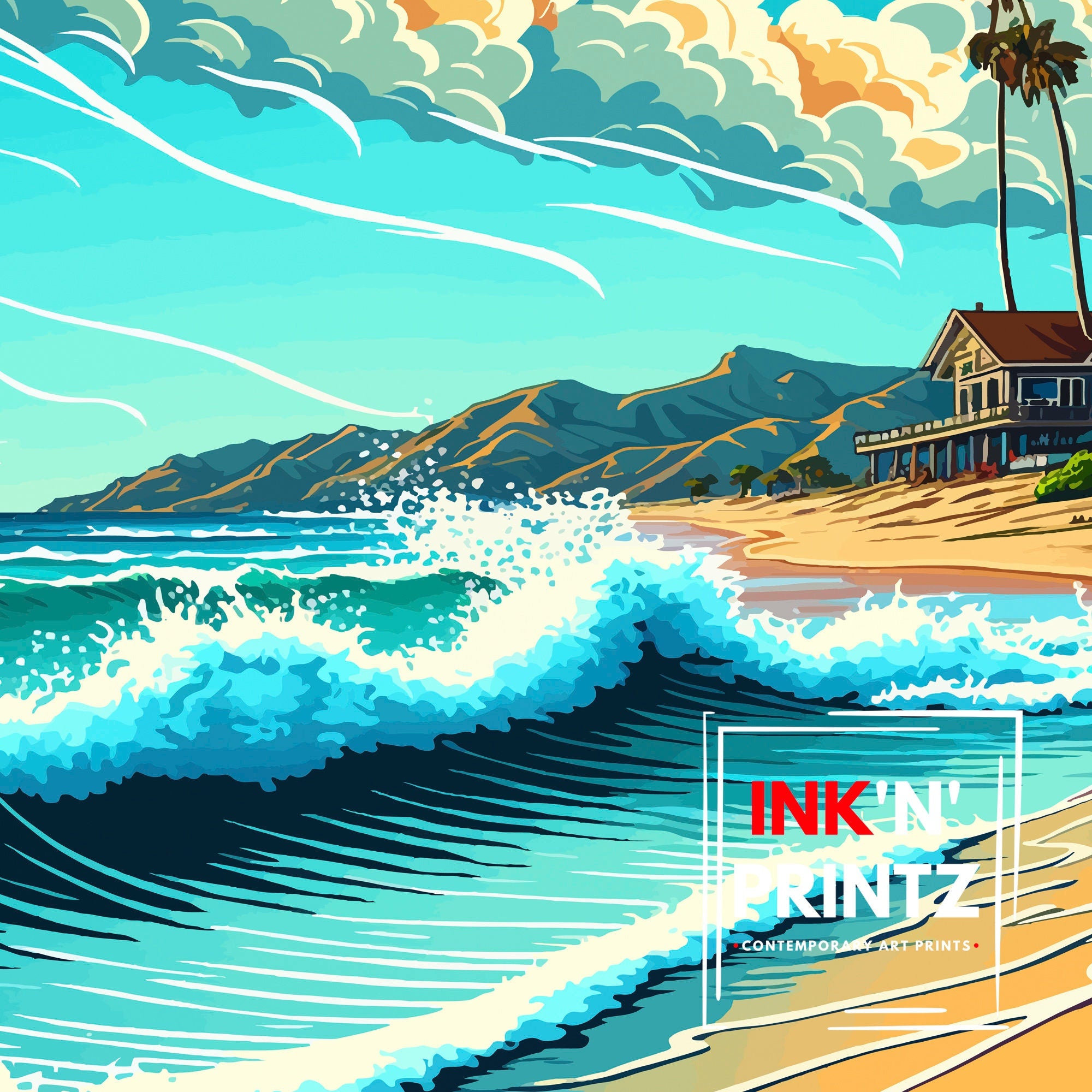Malibu California Travel Print| Malibu Wall Decor Malibu Home Living Decor Malibu California Illustration Travel Poster Gift For Malibu