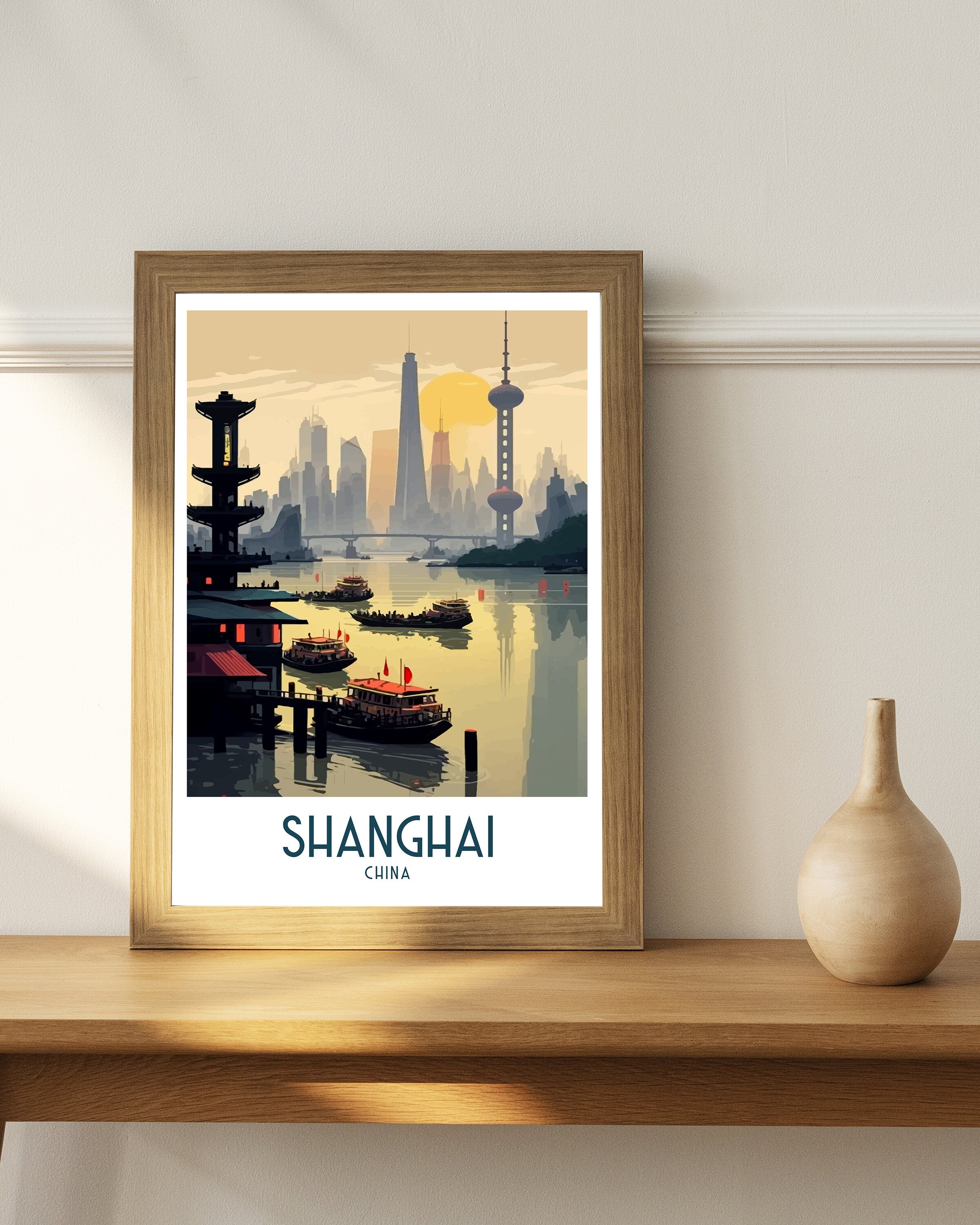 Shanghai China Travel Poster | Architectural Cityscape Art Print