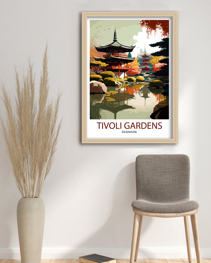 Tivoli Gardens Travel Print Tivoli Wall Decor Denmark Travel Poster Tivoli Illustration Tivoli Gift Tivoli Home Decor