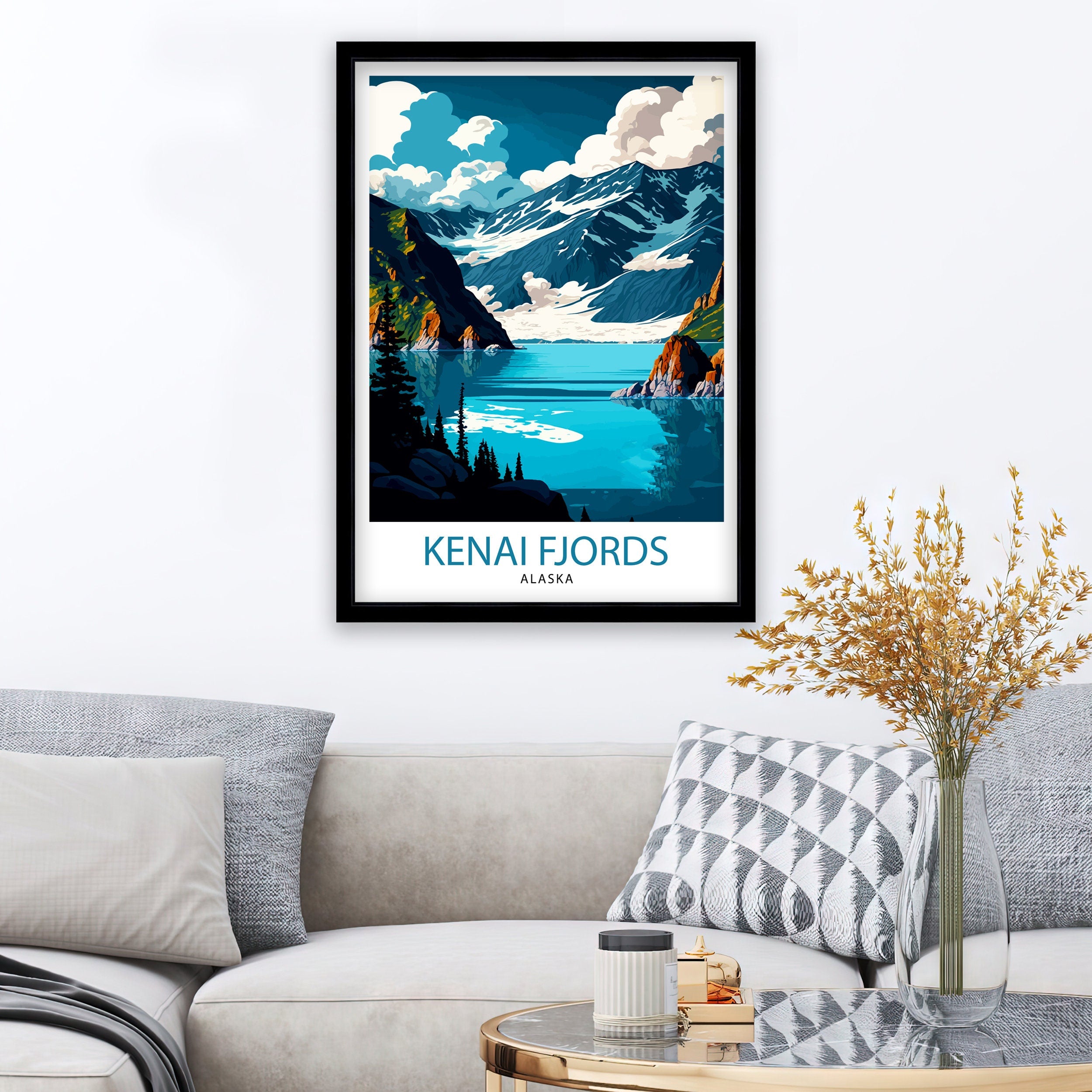 Kenai Fjords Alaska Travel Print| Alaskan Landscape Wall Art Nature Poster, Alaska Coastal Decor Mountain Print