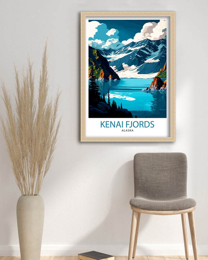 Kenai Fjords Alaska Travel Print| Alaskan Landscape Wall Art Nature Poster, Alaska Coastal Decor Mountain Print
