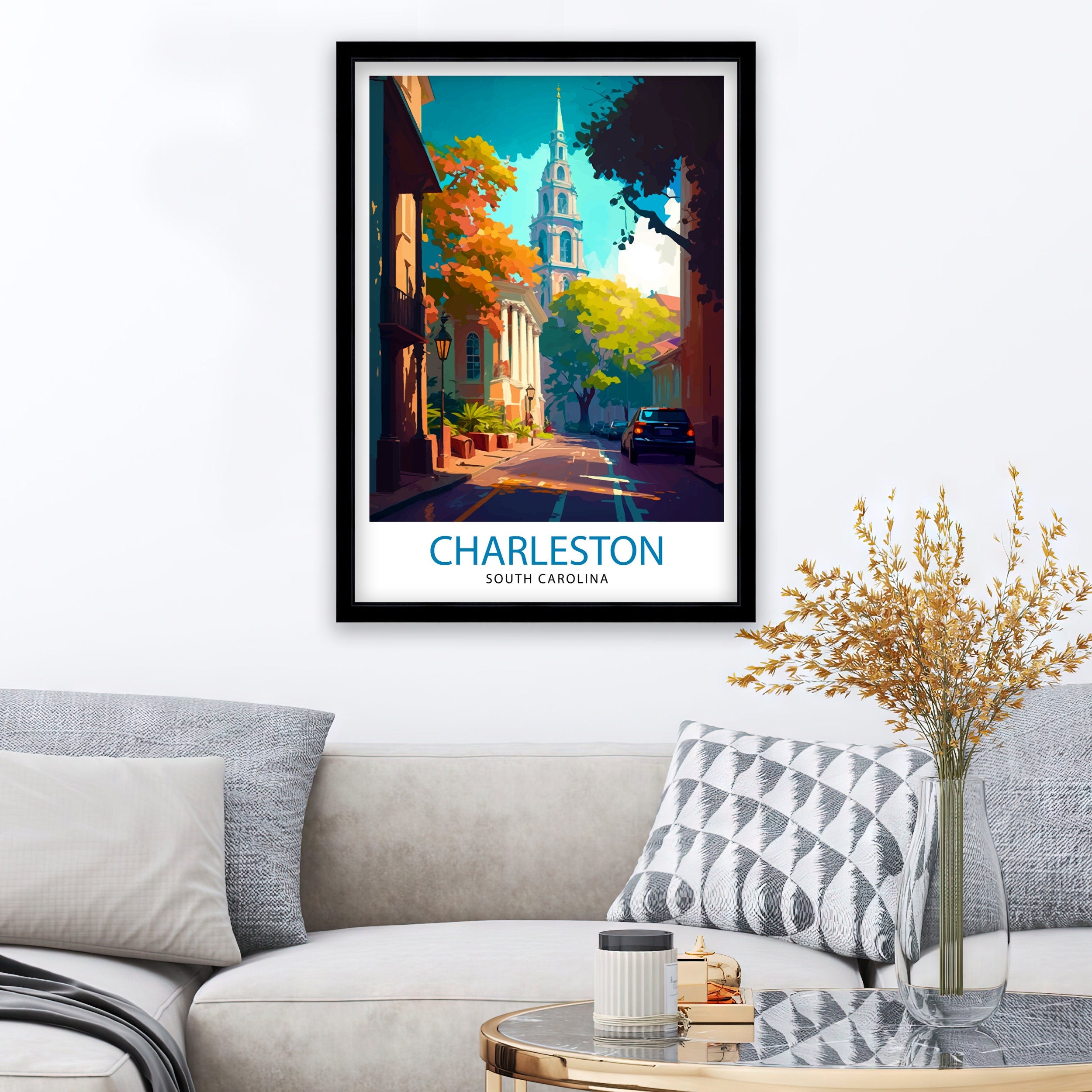 Charleston South Carolina Travel Print Charleston Wall Decor, Charleston Home Living Decor Charleston Illustration Travel Poster Gift