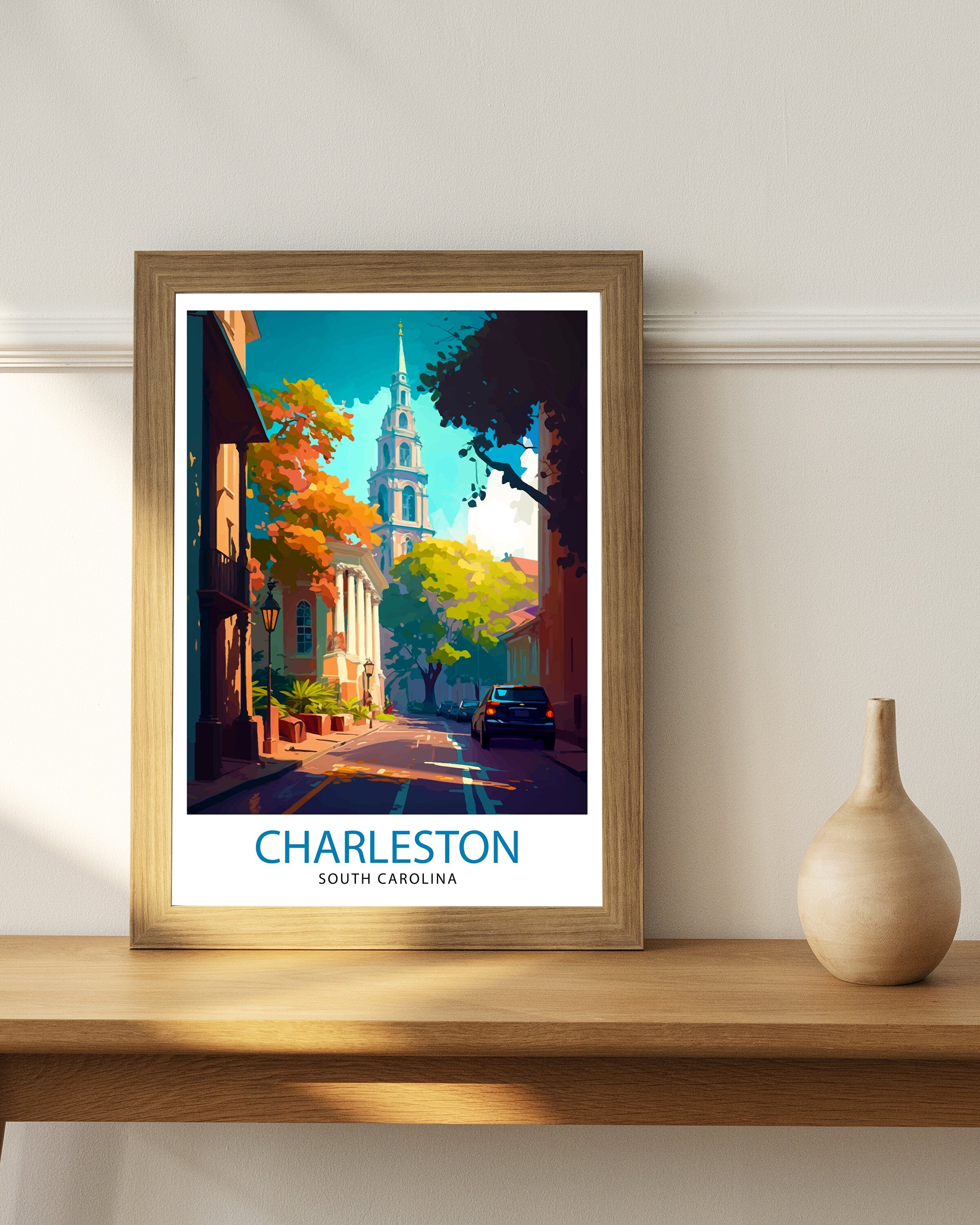 Charleston South Carolina Travel Print Charleston Wall Decor, Charleston Home Living Decor Charleston Illustration Travel Poster Gift