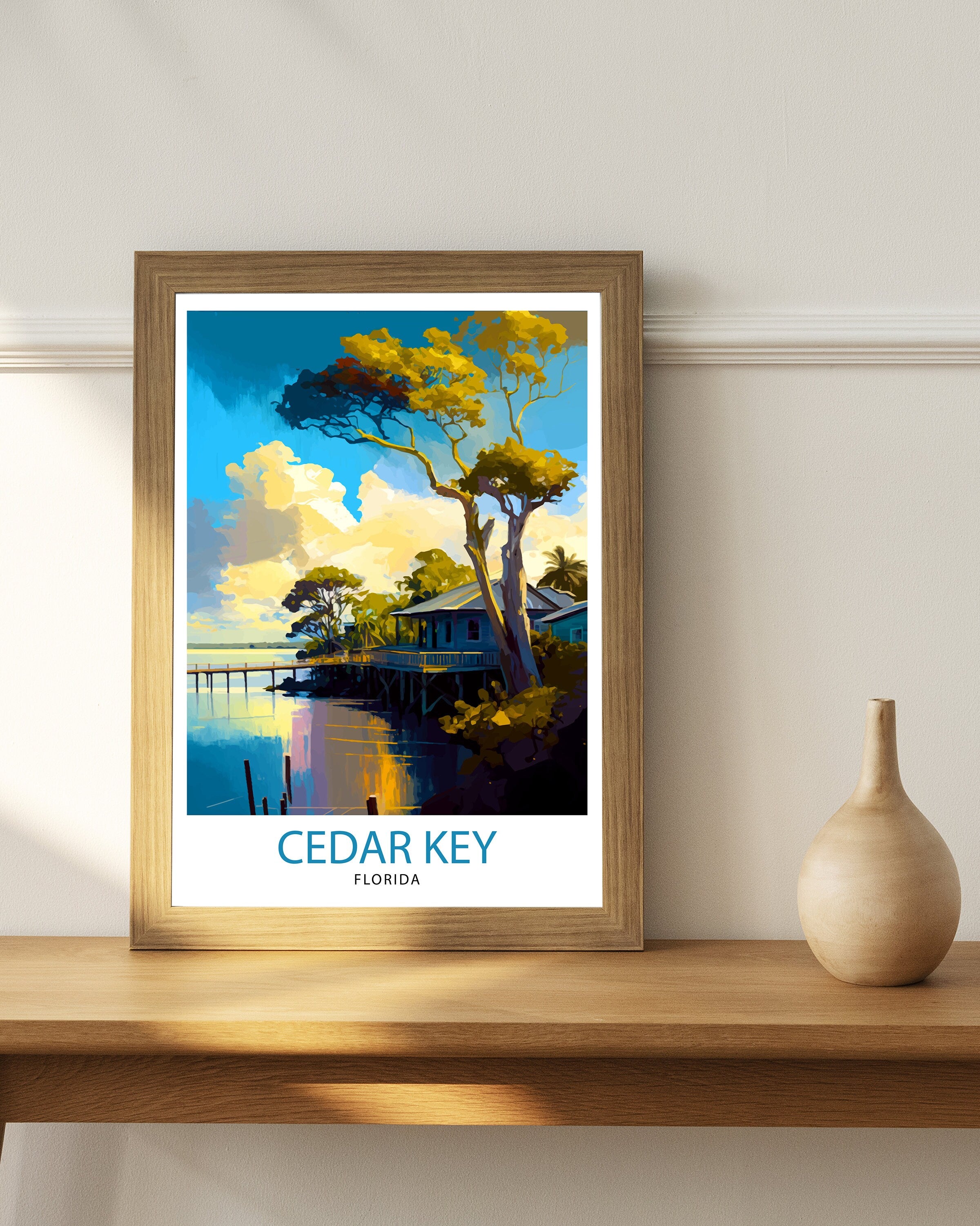 Cedar Key Florida Travel Poster Coastal Wall Art Florida Beach Print| Nautical Decor Vintage Style Illustration Gift for Beach Lovers