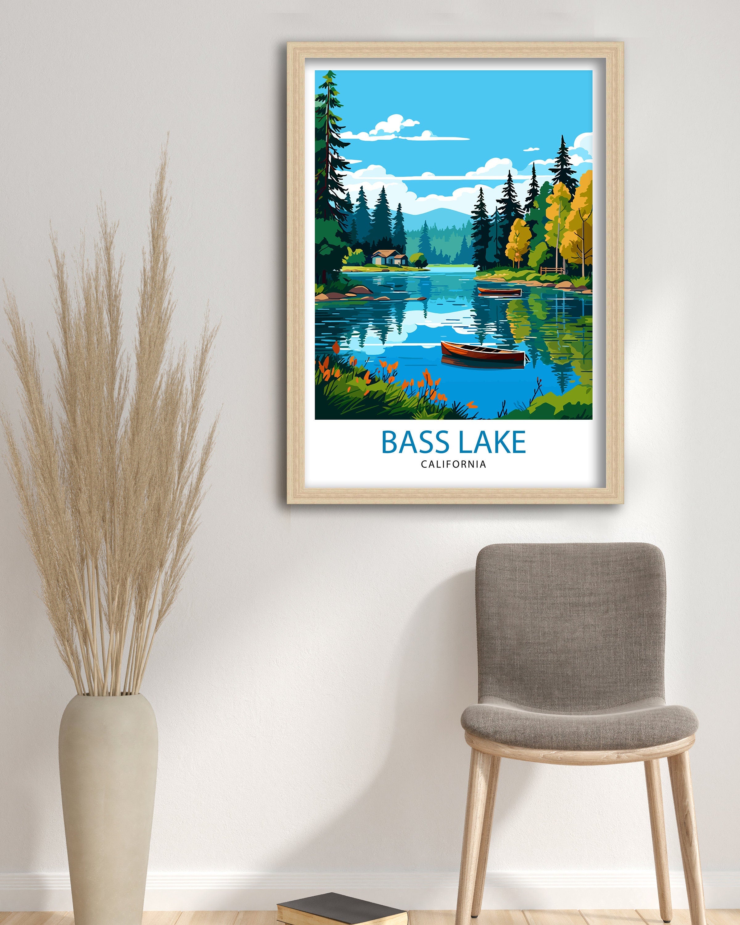 Bass Lake California Travel Print| Bass Lake Wall Decor Bass Lake Home Living Decor Bass Lake California Illustration Travel Poster Gift