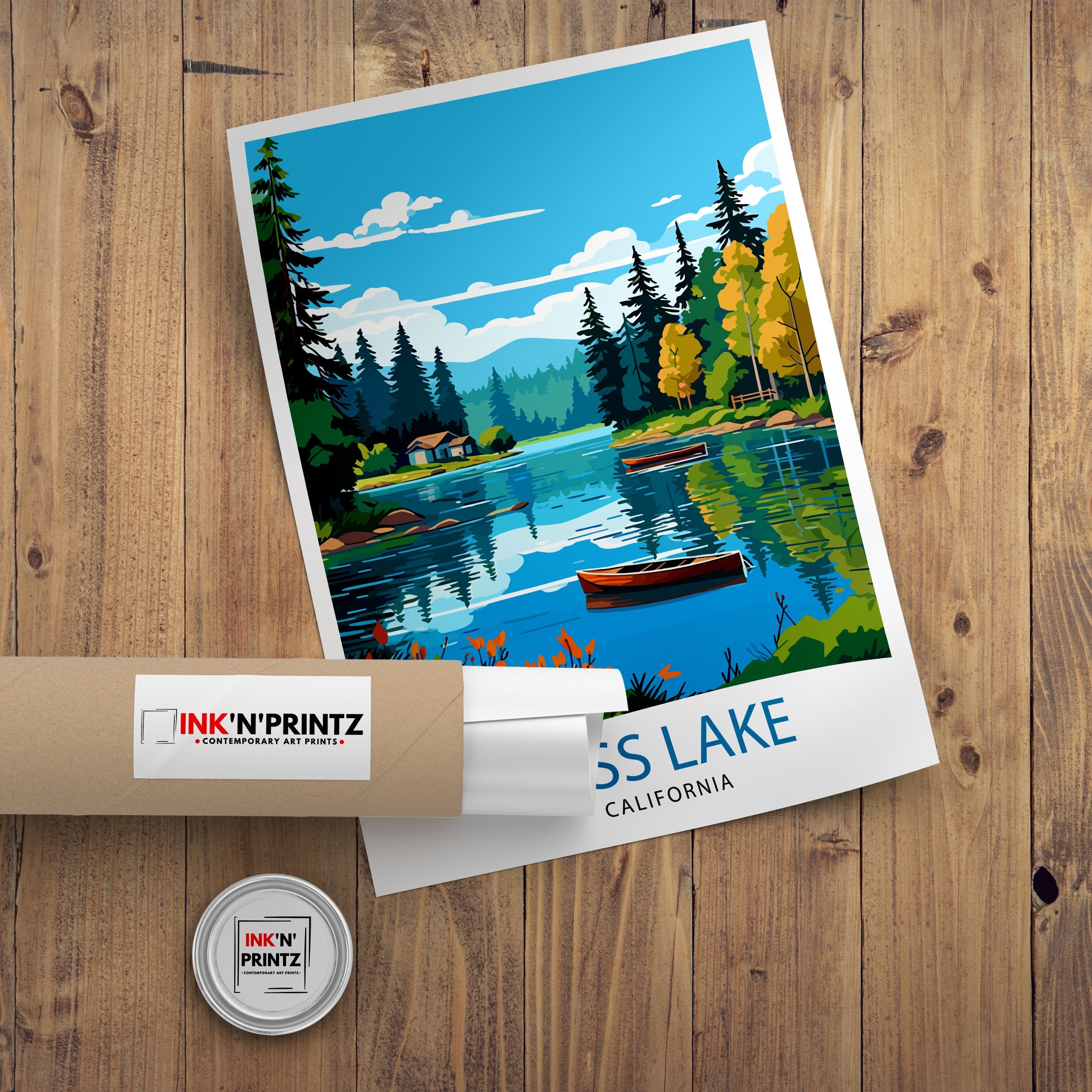 Bass Lake California Travel Print| Bass Lake Wall Decor Bass Lake Home Living Decor Bass Lake California Illustration Travel Poster Gift