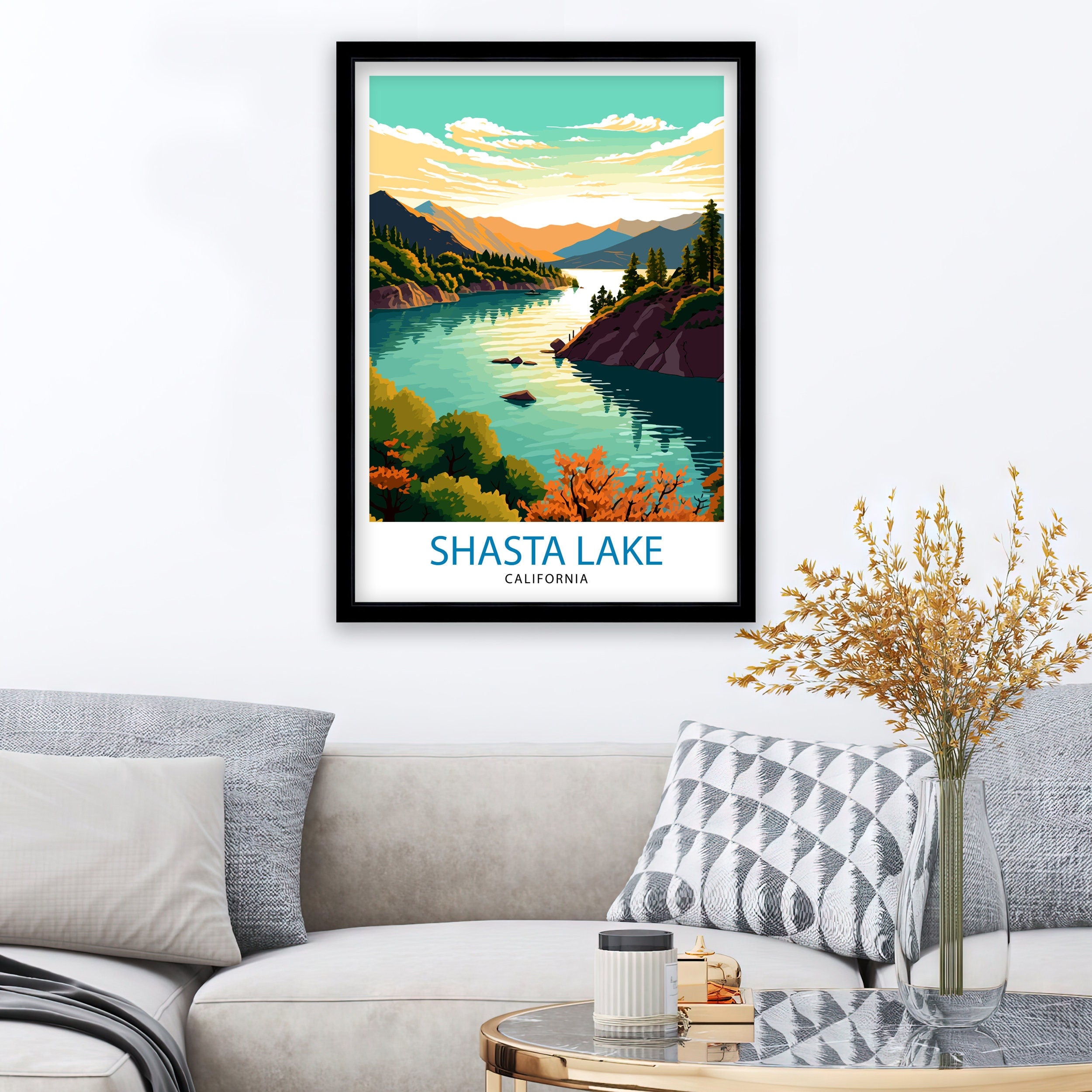Shasta Lake California Travel Print| Shasta Lake Wall Decor Shasta Lake Home Living Decor Shasta Lake California Illustration Travel Poster