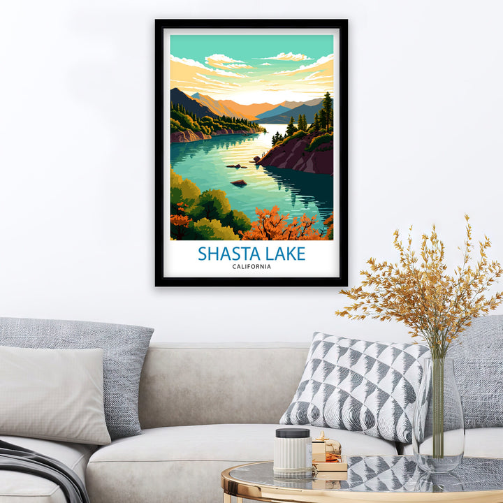 Shasta Lake California Travel Print| Shasta Lake Wall Decor Shasta Lake Home Living Decor Shasta Lake California Illustration Travel Poster