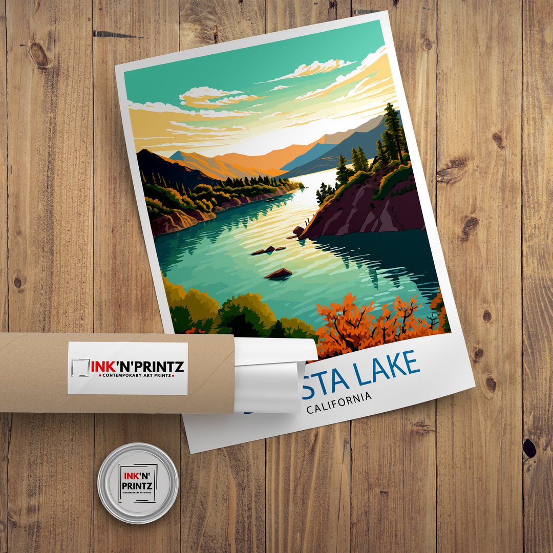Shasta Lake California Travel Print| Shasta Lake Wall Decor Shasta Lake Home Living Decor Shasta Lake California Illustration Travel Poster