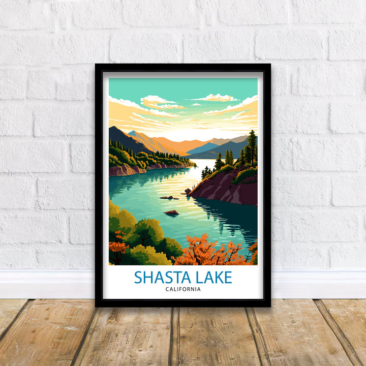 Shasta Lake California Travel Print| Shasta Lake Wall Decor Shasta Lake Home Living Decor Shasta Lake California Illustration Travel Poster