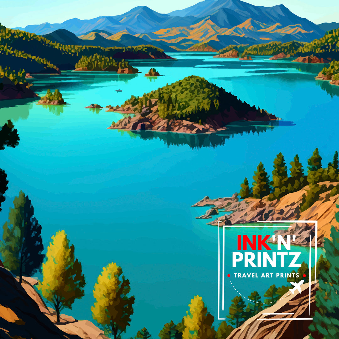 Shasta Lake California Travel Print| Shasta Lake Wall Decor Shasta Lake Home Living Decor Shasta Lake California Illustration Travel Poster