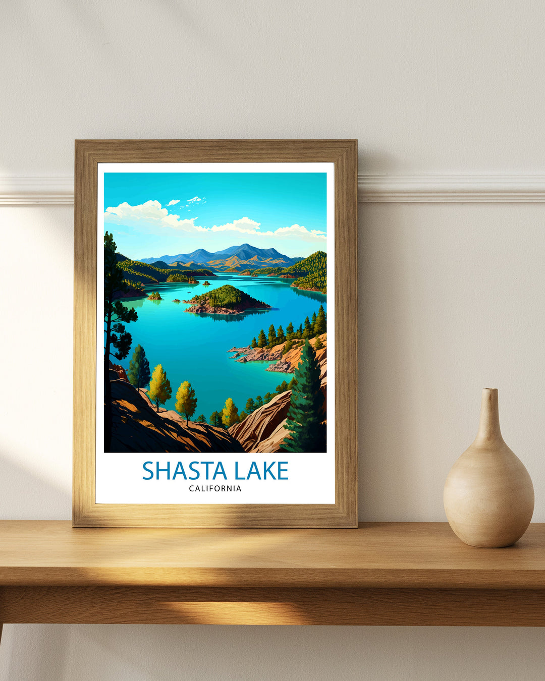 Shasta Lake California Travel Print| Shasta Lake Wall Decor Shasta Lake Home Living Decor Shasta Lake California Illustration Travel Poster