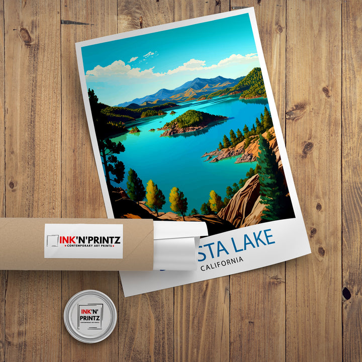 Shasta Lake California Travel Print| Shasta Lake Wall Decor Shasta Lake Home Living Decor Shasta Lake California Illustration Travel Poster