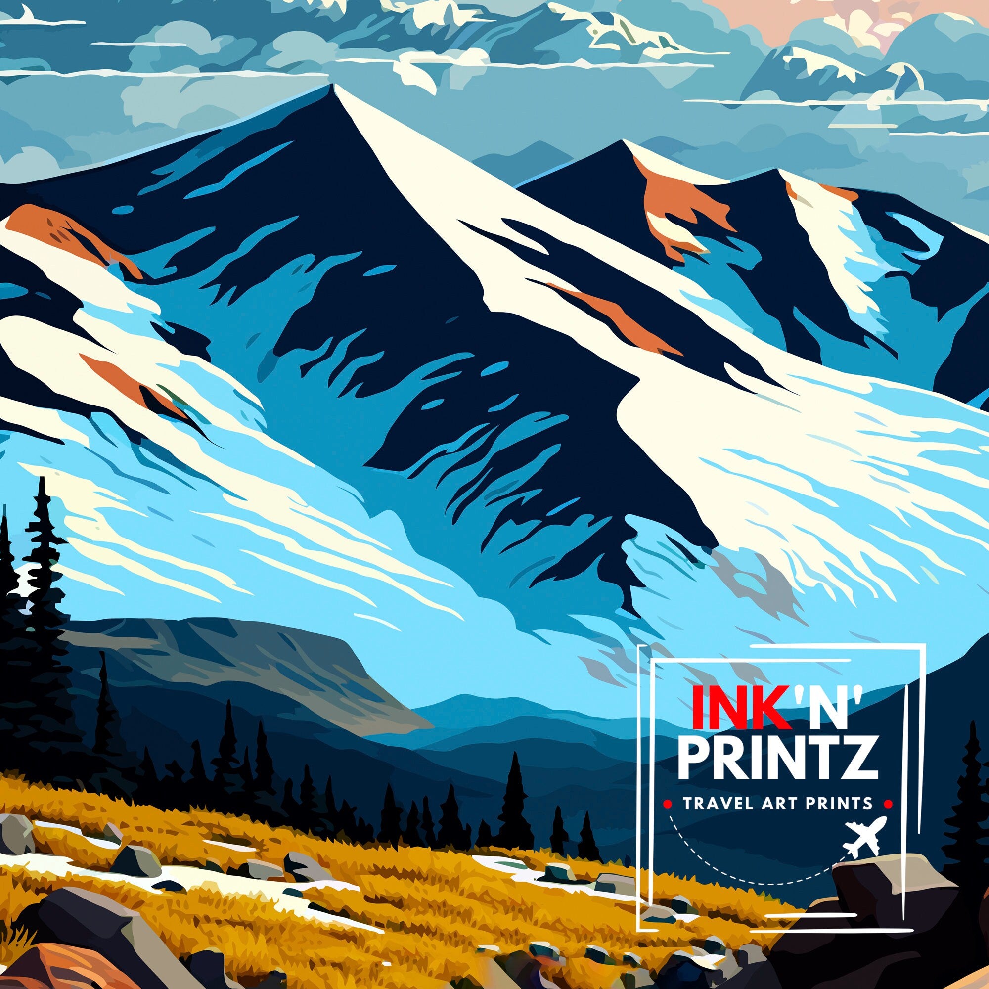 Mount Evans Colorado Travel Print Mountain Wall Decor Colorado Landscape Poster Rocky Mountain Travel Art Mount Evans Illustration Colorado