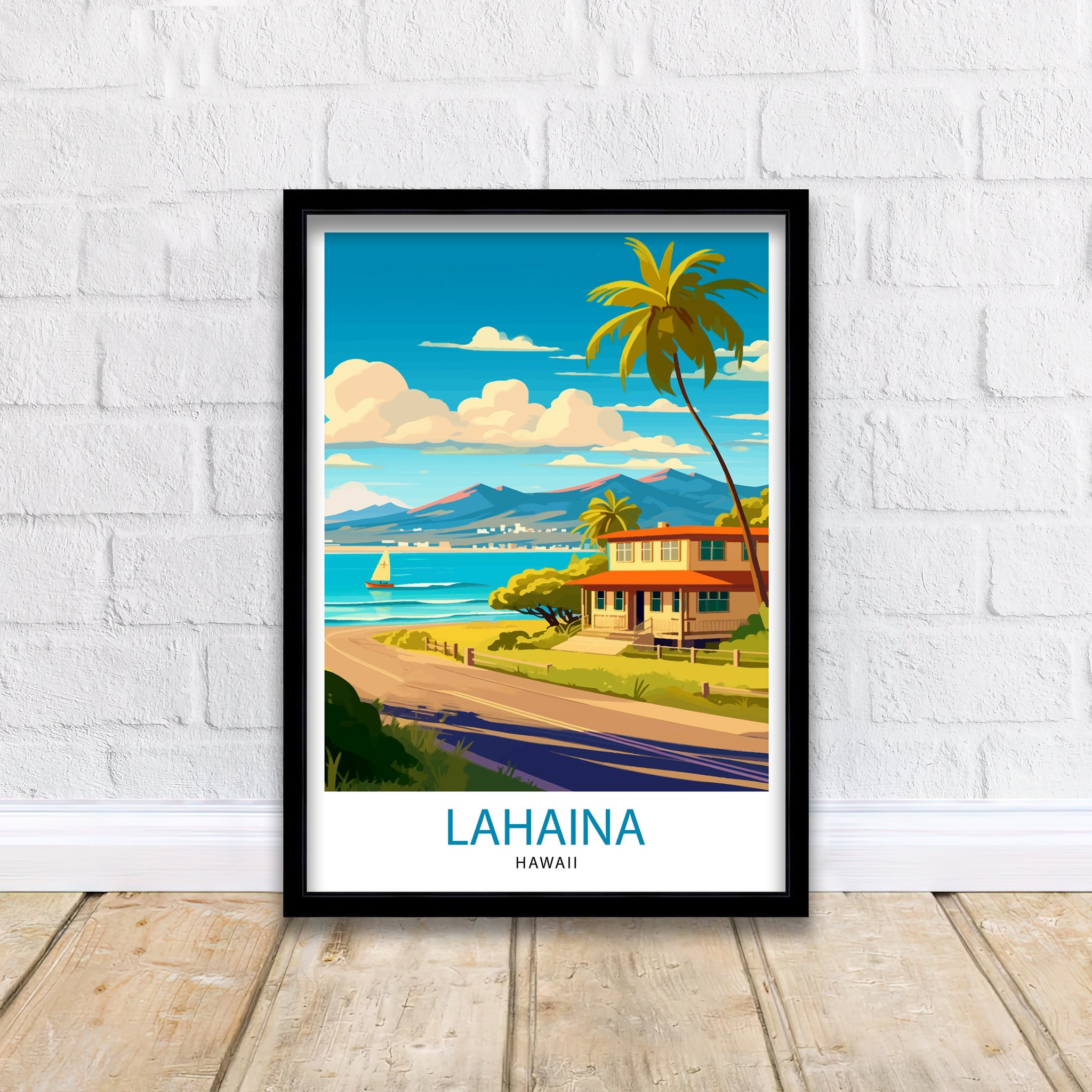 Lahaina Hawaii Travel Poster, Palm Trees, Beach House Art Print