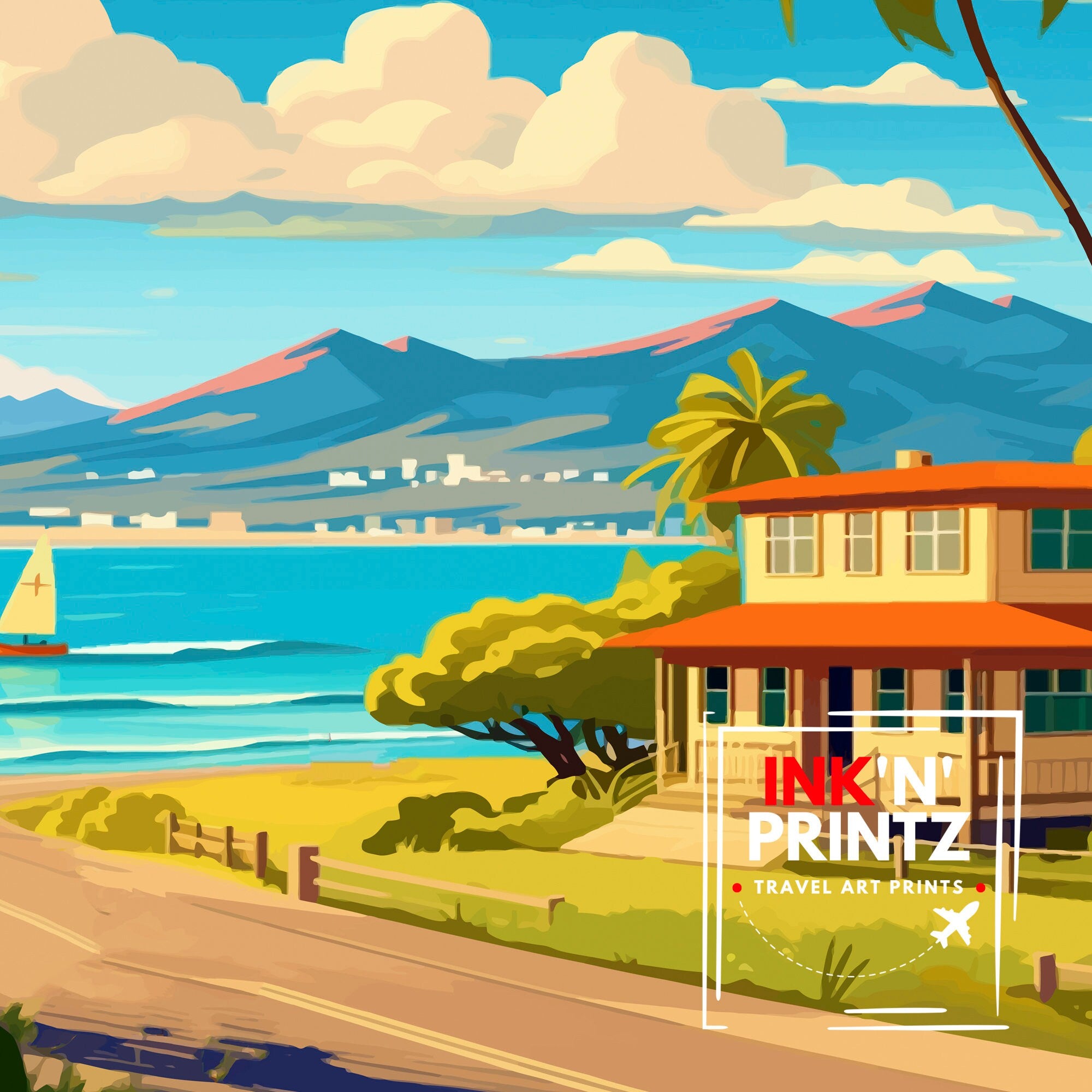 Lahaina Hawaii Travel Poster, Palm Trees, Beach House Art Print