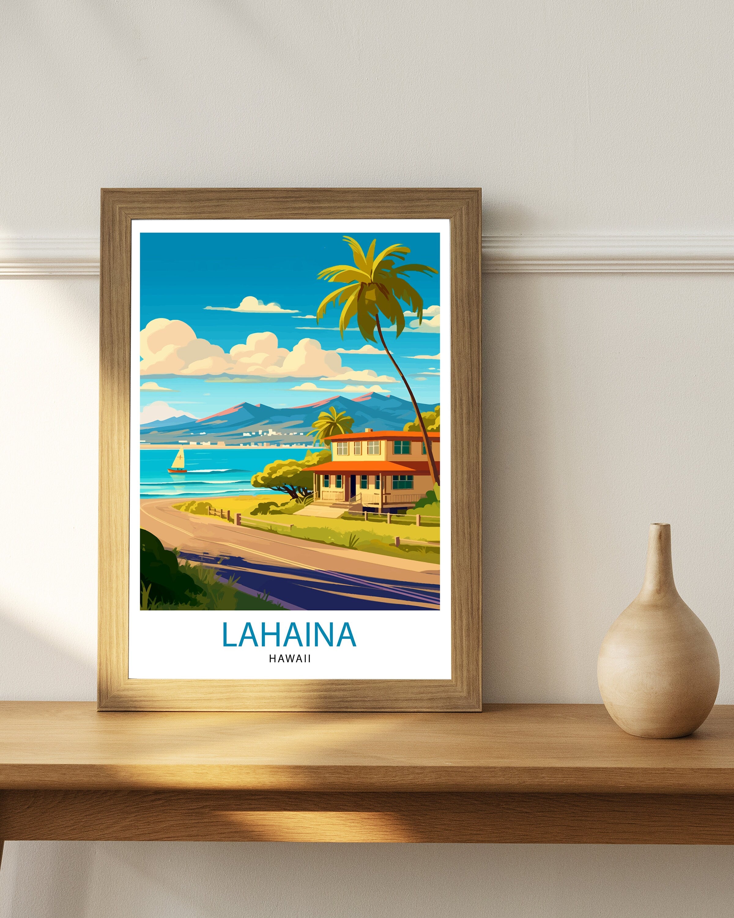 Lahaina Hawaii Travel Poster, Palm Trees, Beach House Art Print