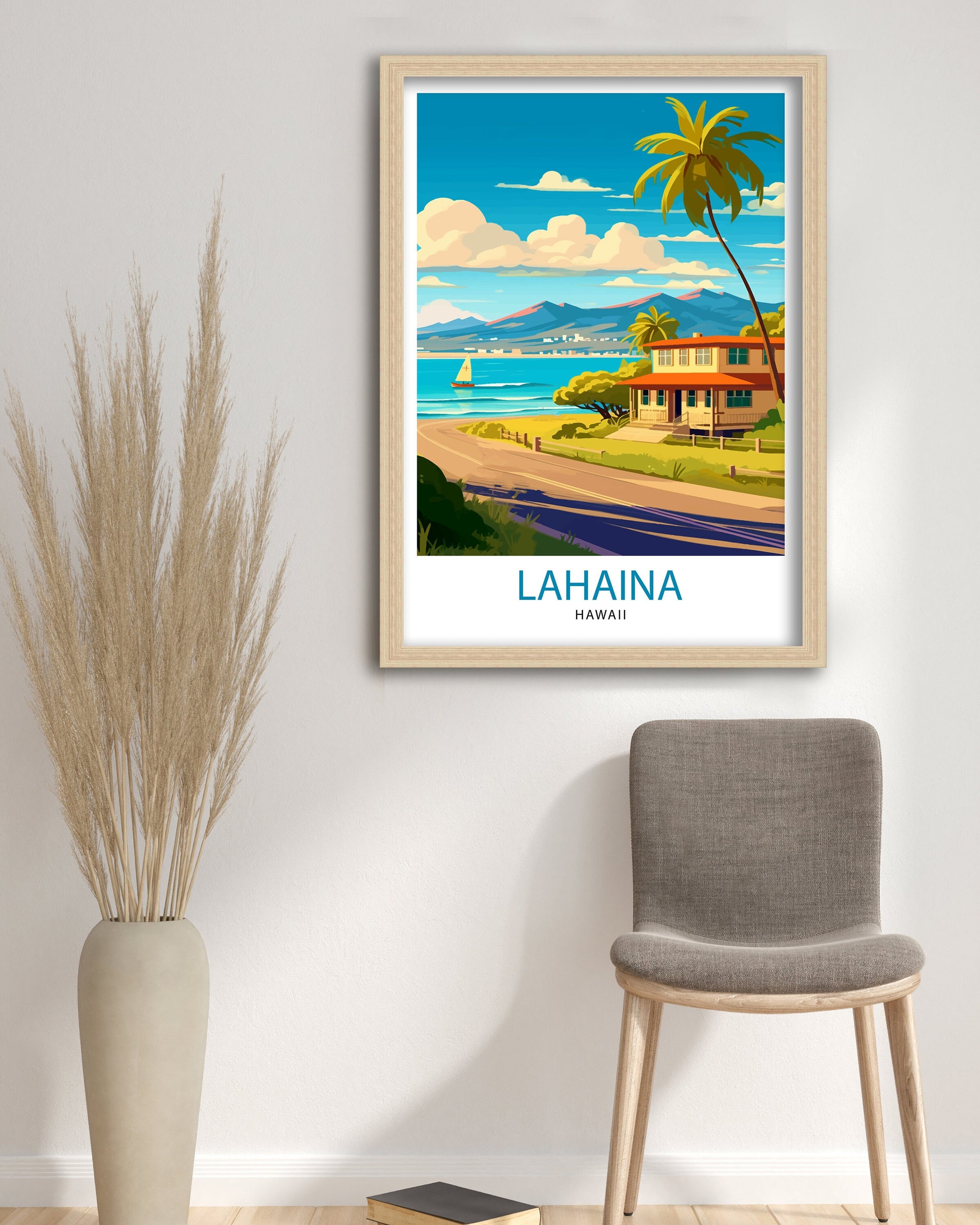 Lahaina Hawaii Travel Poster, Palm Trees, Beach House Art Print