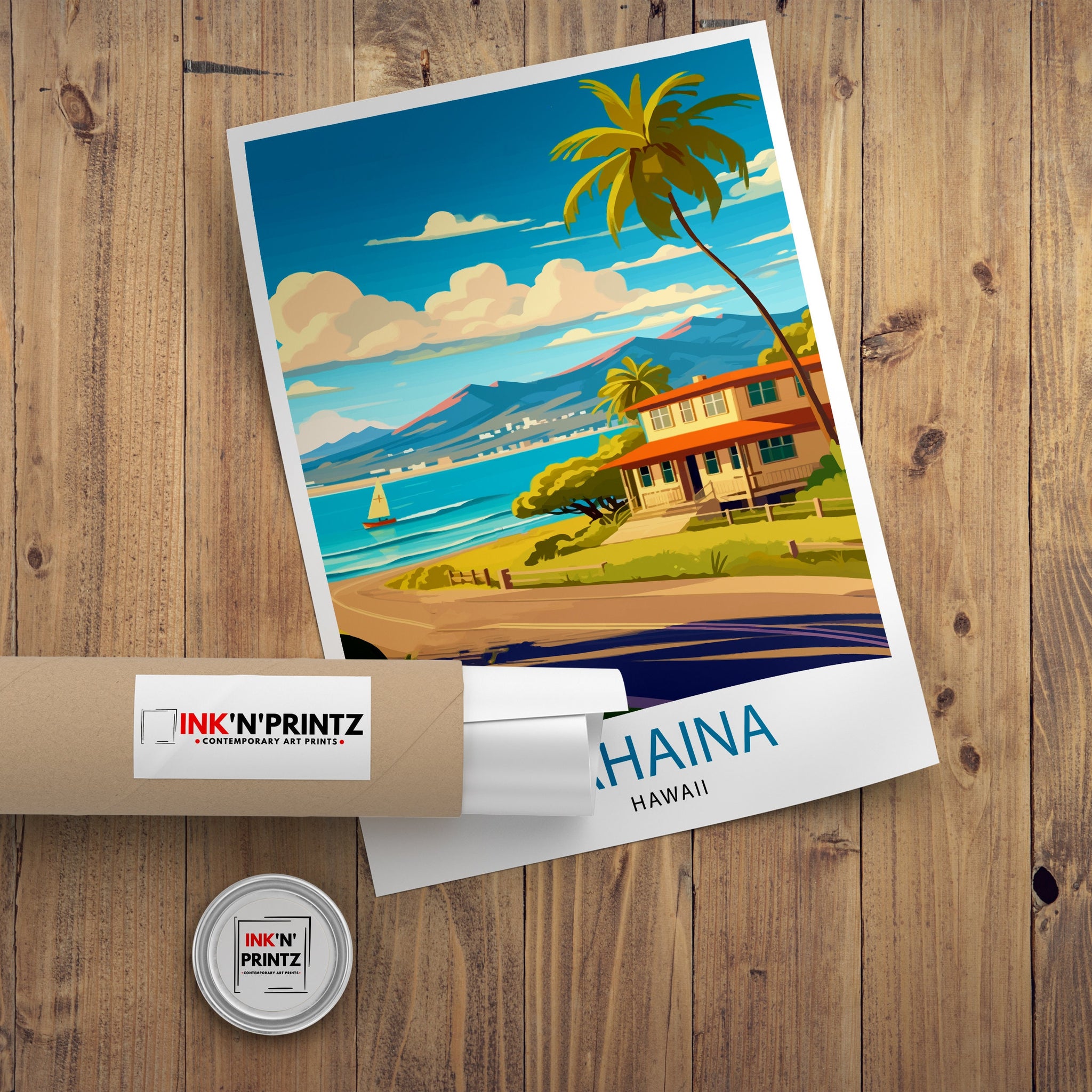 Lahaina Hawaii Travel Poster, Palm Trees, Beach House Art Print