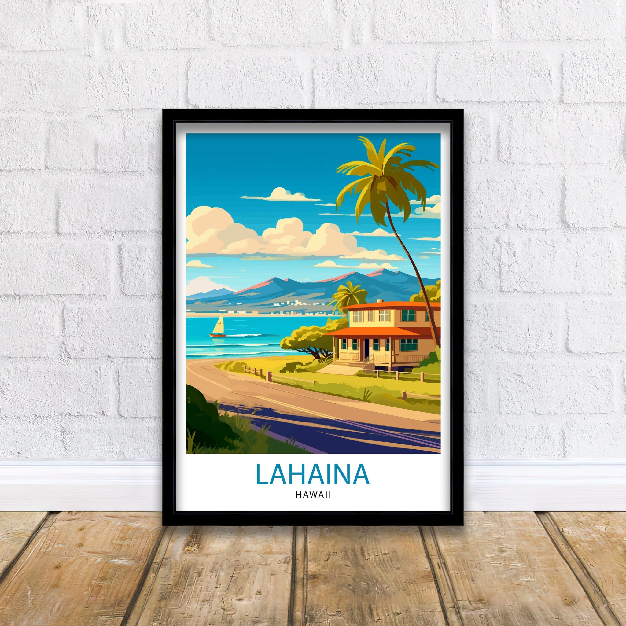 Lahaina Hawaii Travel Poster, Palm Trees, Beach House Art Print