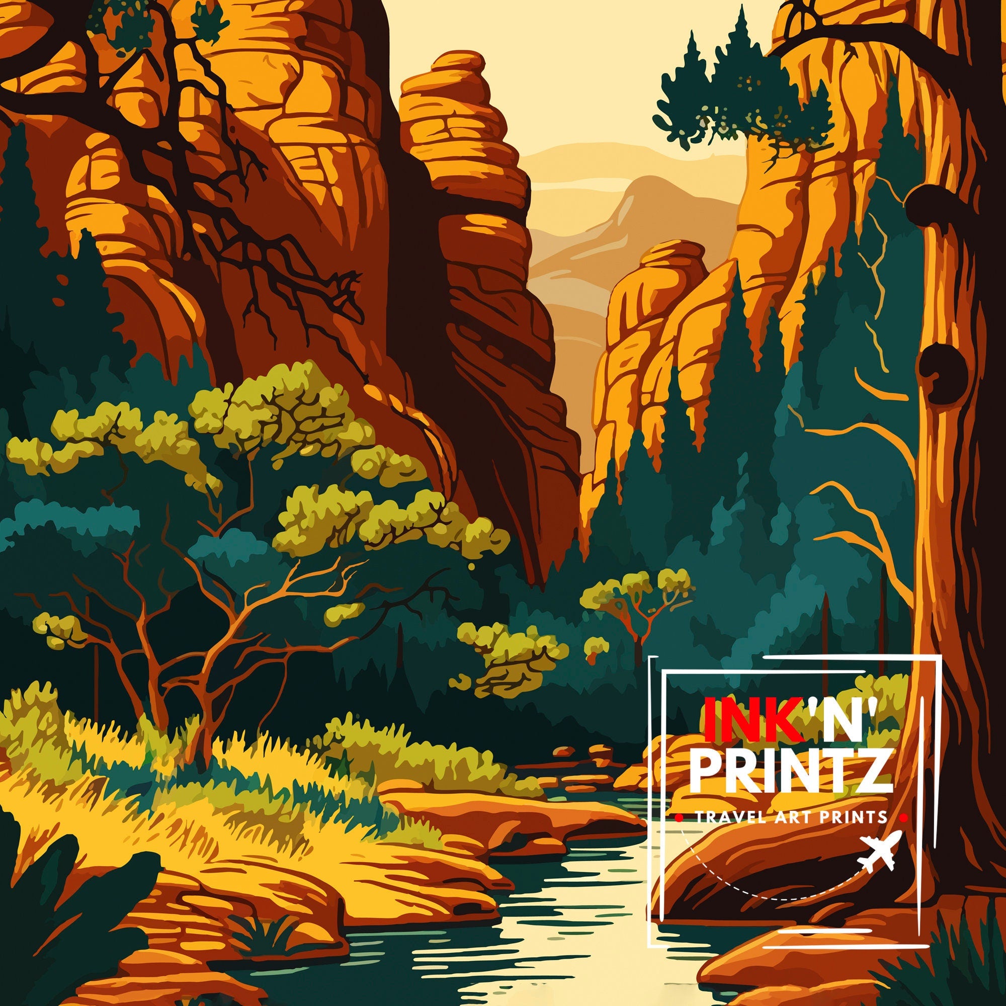 Oak Creek Arizona Travel Print| Oak Creek Wall Decor Oak Creek Poster Arizona Travel Prints Oak Creek Art Print Oak Creek Illustration Oak