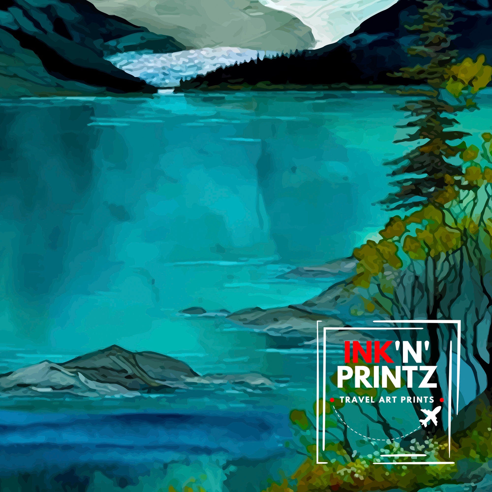 Glacier Bay Alaska Travel Print| Glacier Bay National Park Wall Art Alaska Travel Poster Glacier Bay Art Print Glacier Bay Illustration
