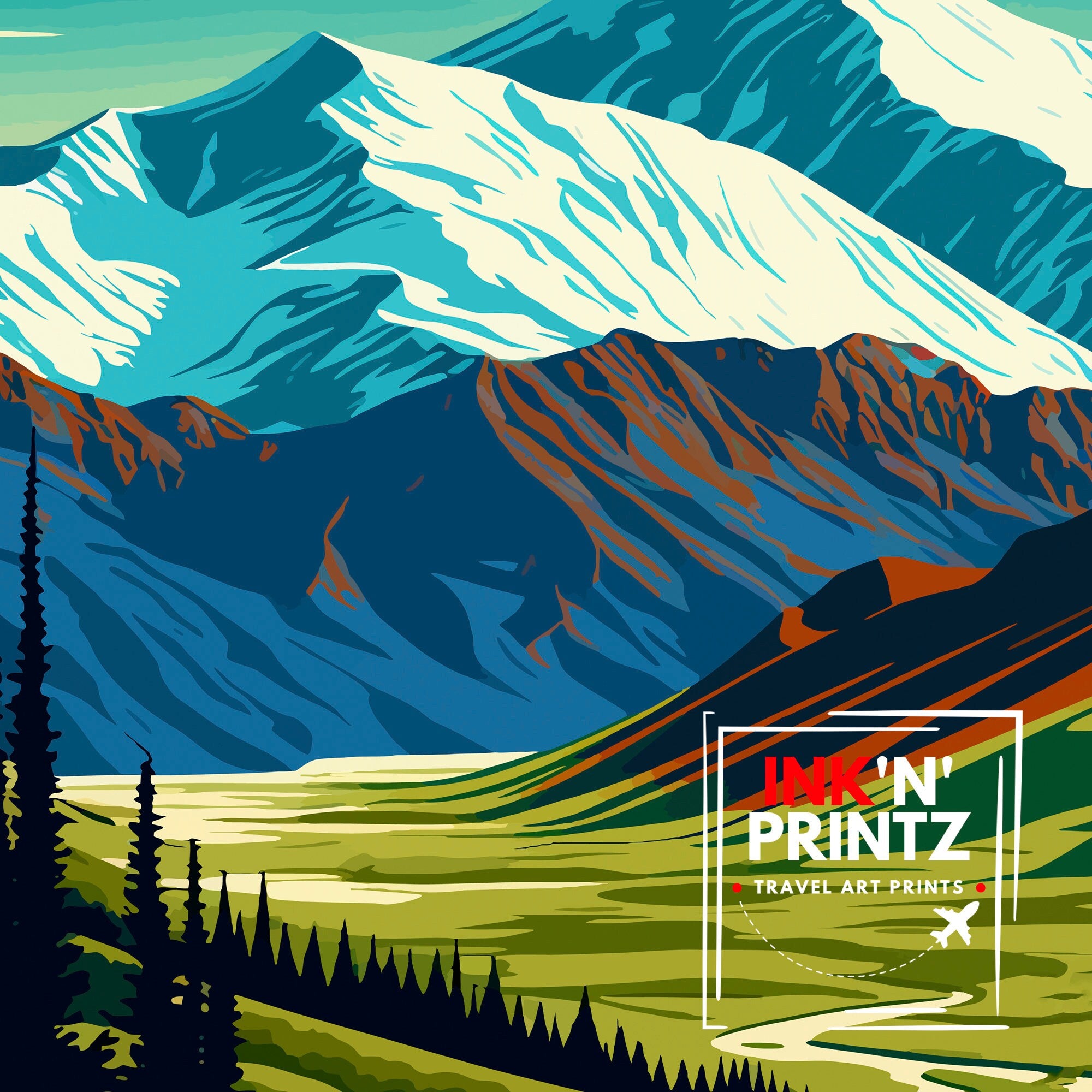 Denali National Park Alaska Travel Print Denali Wall Decor Denali Poster Alaska Travel Prints Denali Art Print Denali Illustration