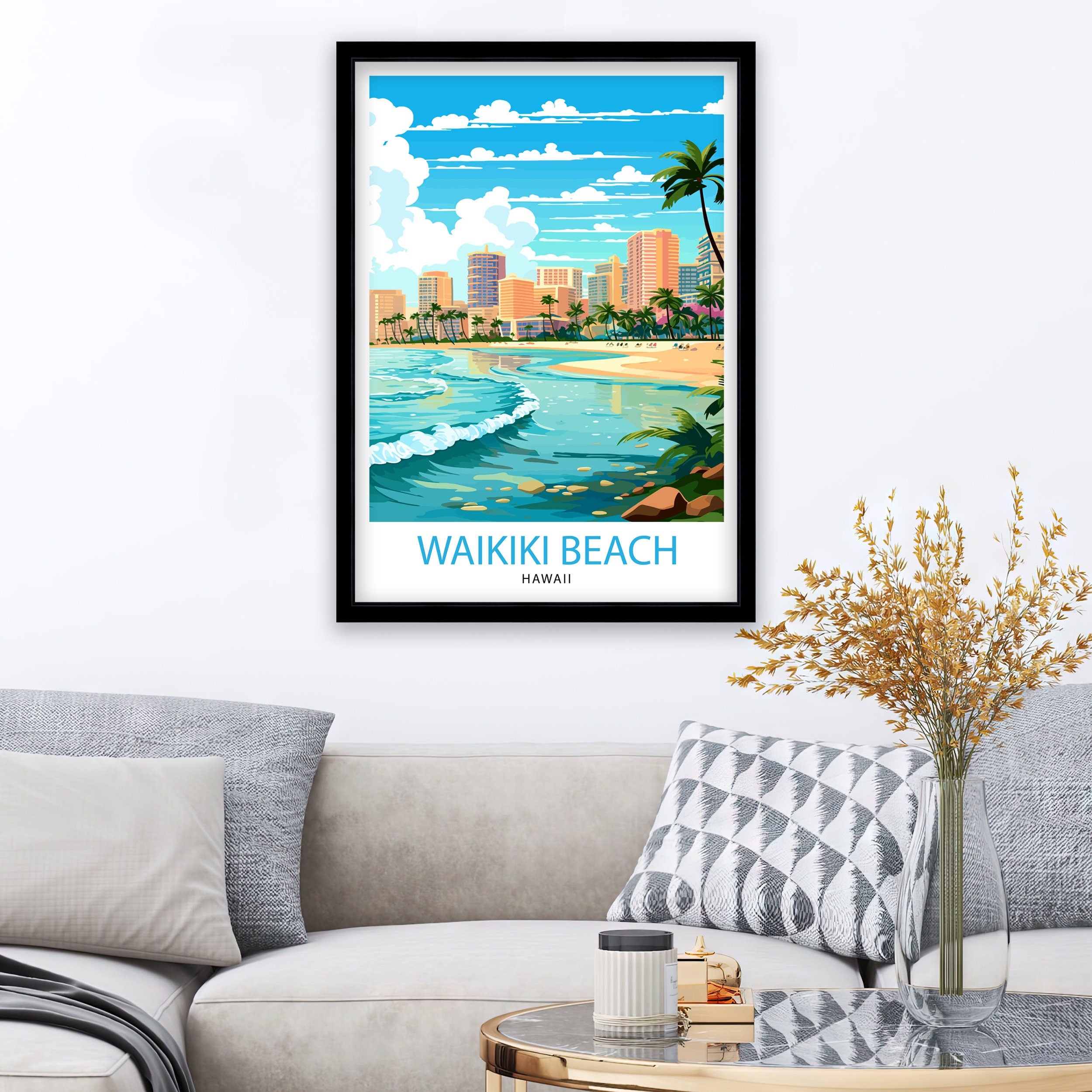 Waikiki Beach Oahu Travel Print| Waikiki Wall Decor Waikiki Beach Poster Oahu Travel Prints Waikiki Art Print Waikiki Illustration Waikiki