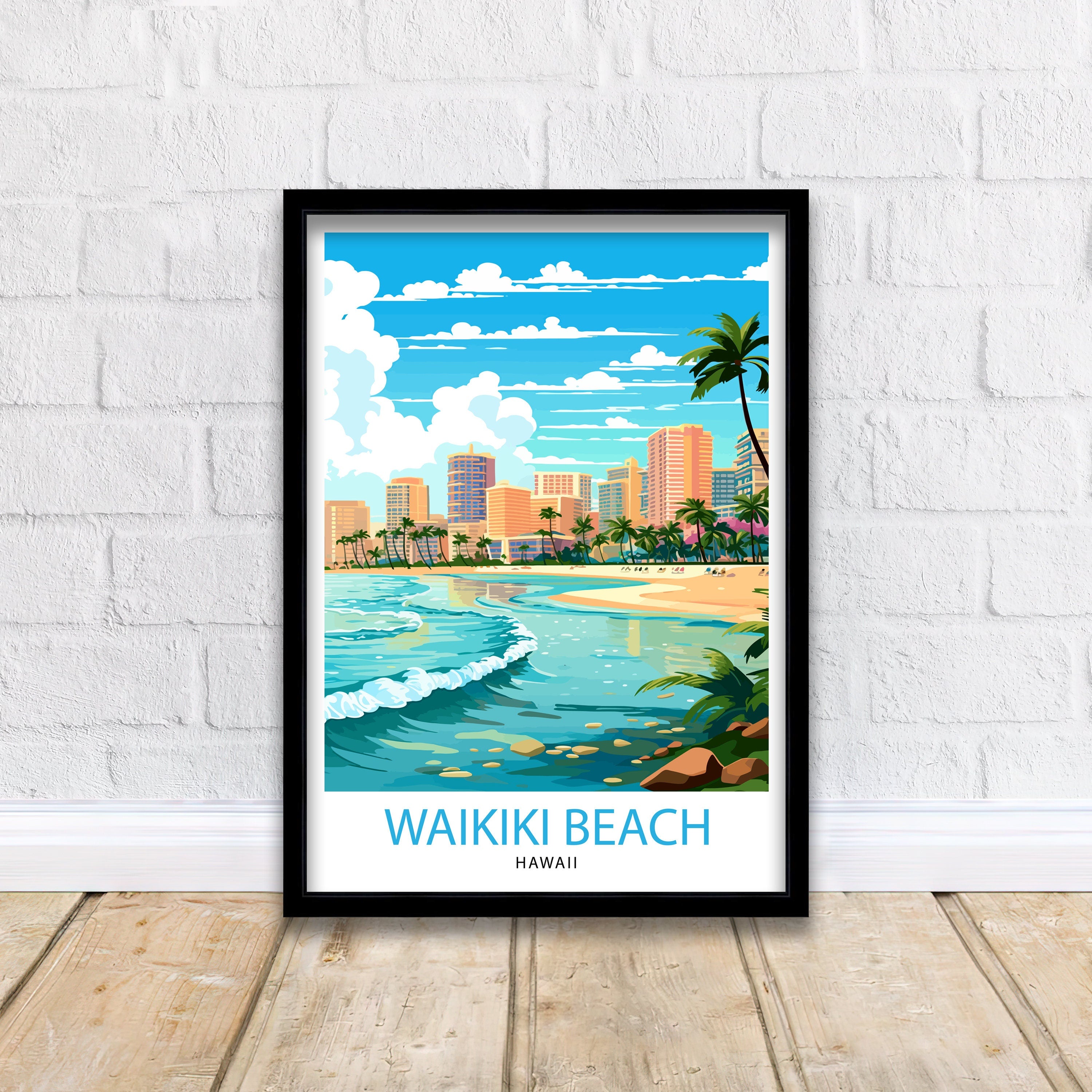 Waikiki Beach Oahu Travel Print| Waikiki Wall Decor Waikiki Beach Poster Oahu Travel Prints Waikiki Art Print Waikiki Illustration Waikiki