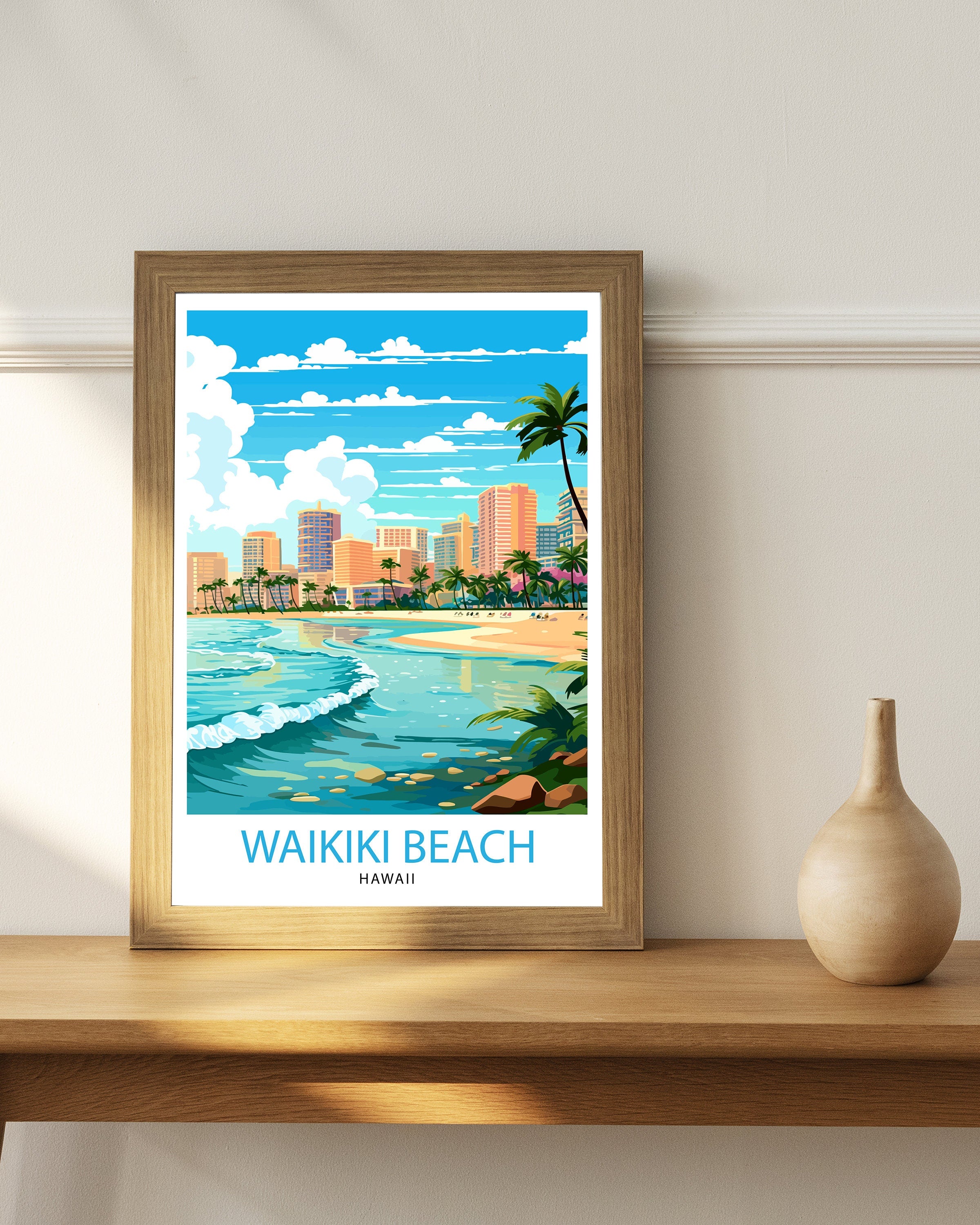 Waikiki Beach Oahu Travel Print| Waikiki Wall Decor Waikiki Beach Poster Oahu Travel Prints Waikiki Art Print Waikiki Illustration Waikiki