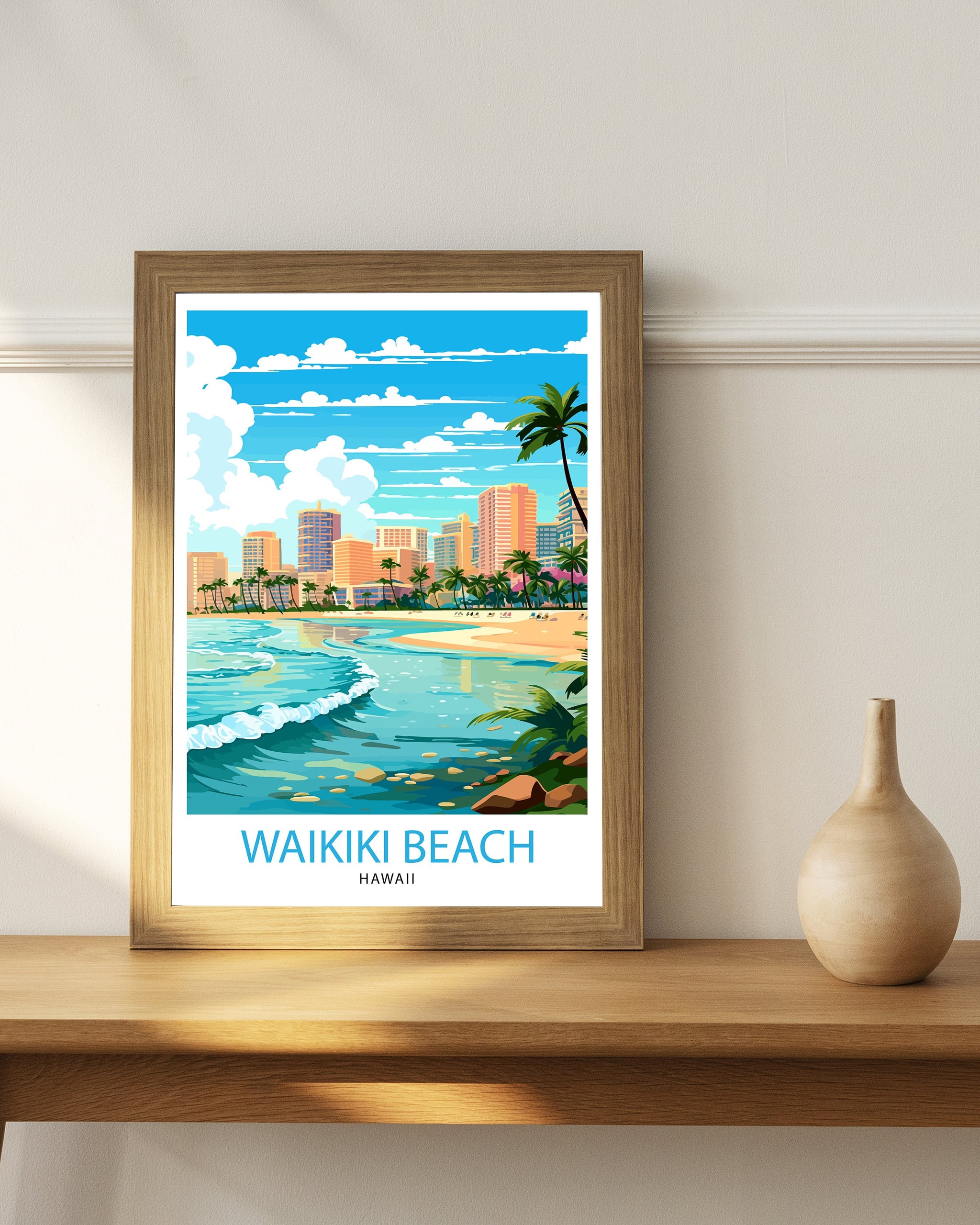 Waikiki Beach Oahu Travel Print| Waikiki Wall Decor Waikiki Beach Poster Oahu Travel Prints Waikiki Art Print Waikiki Illustration Waikiki