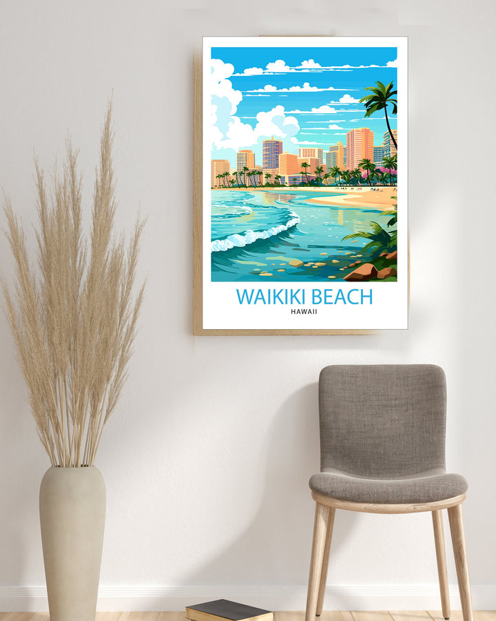 Waikiki Beach Oahu Travel Poster