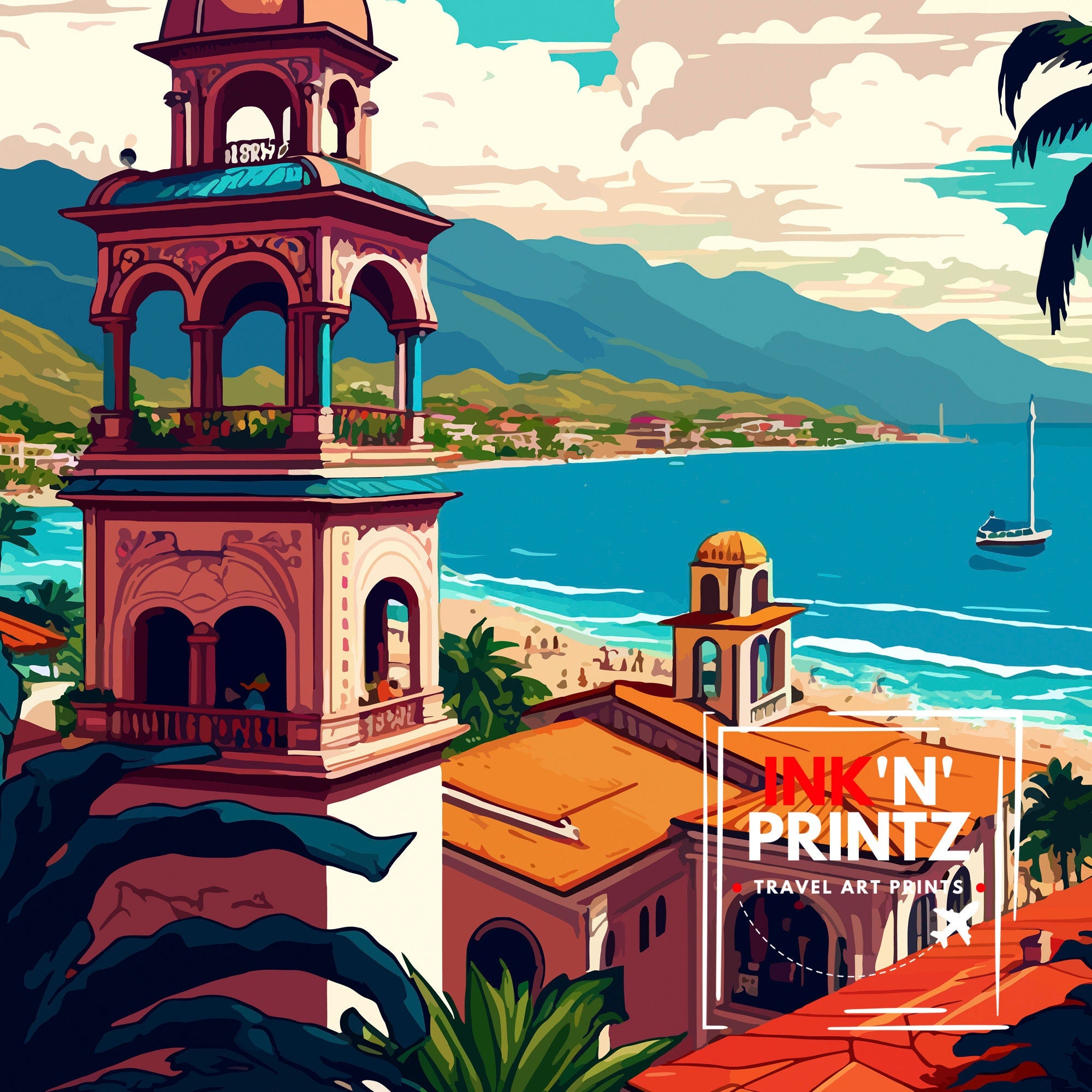 Puerto Vallarta Travel Print Puerto Vallarta Wall Decor Puerto Vallarta Home Living Decor Puerto Vallarta Illustration Travel Poster