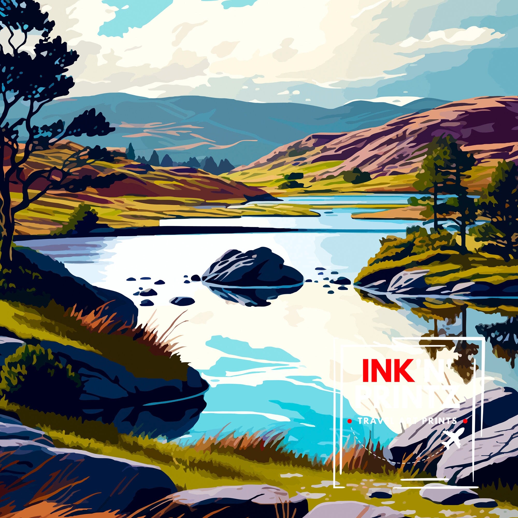 Tarn Hows Lake District Travel Print Lake District Wall Decor Tarn Hows Home Living Decor Tarn Hows Illustration Travel Poster Gift